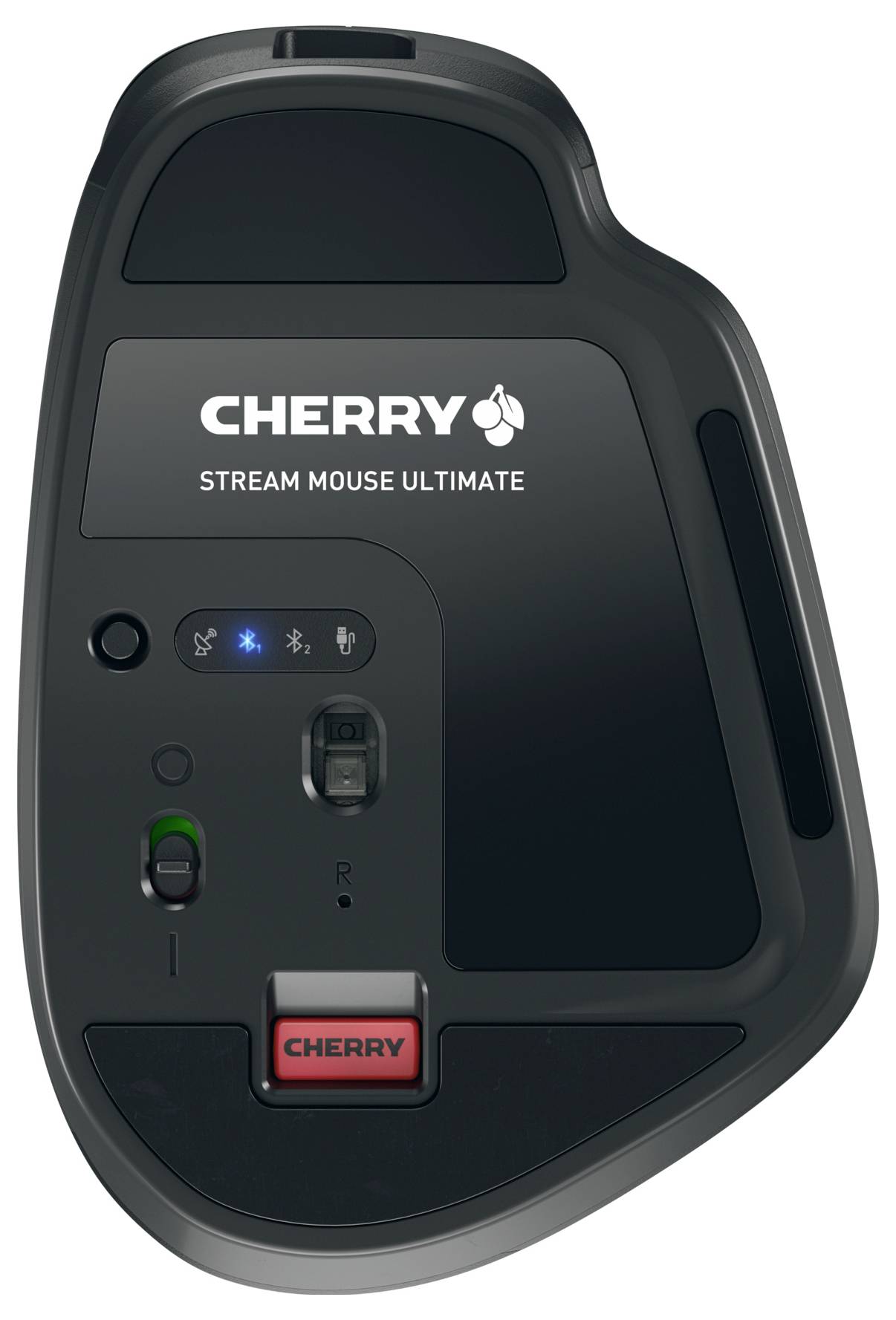 Unteransicht einer Maus mit der Beschriftung „CHERRY STREAM MOUSE ULTIMATE