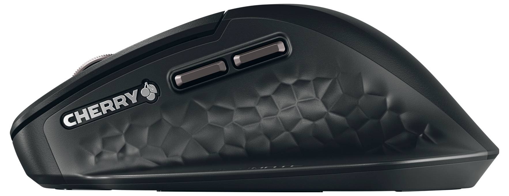 Eine schwarze ergonomische Computermaus mit strukturiertem Griff, zwei Seitentasten und „CHERRY