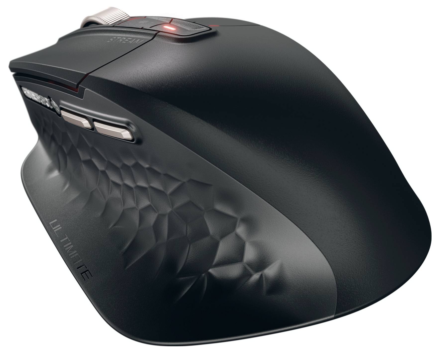 Ergonomische schwarze Computermaus mit strukturiertem Griff und mehreren Tasten, entwickelt für komfortables Rechtshandgebrauch.