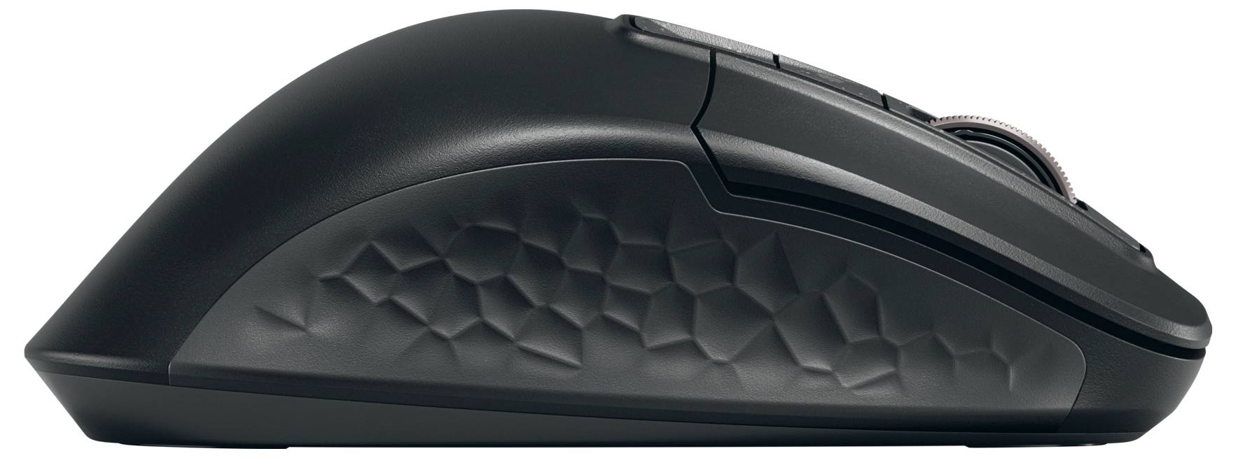 Eine schwarze ergonomische Computermaus mit strukturierter Seitengreiffläche, von der Seite dargestellt.