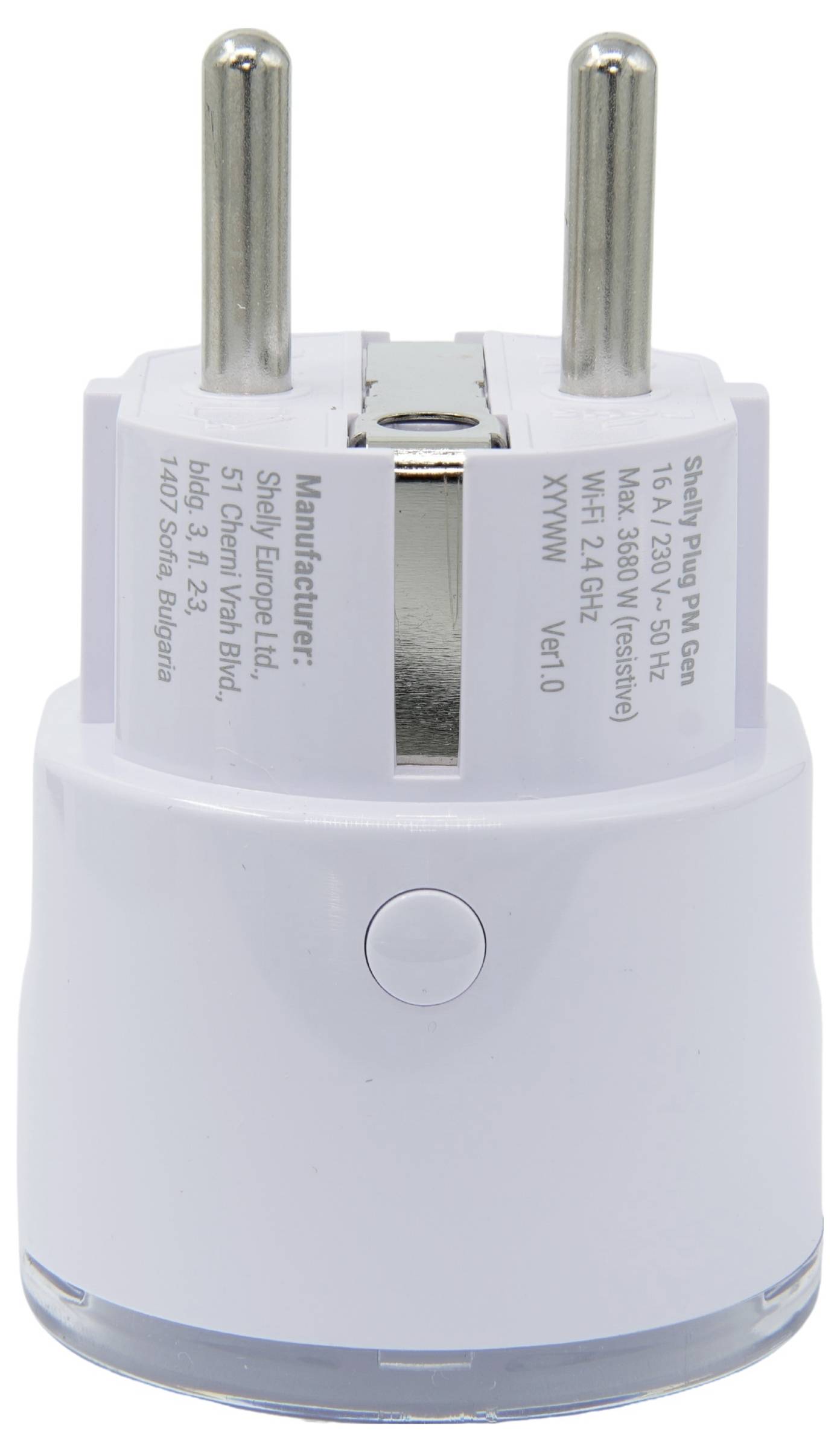 Ein weißer intelligenter Steckdosenadapter mit europäischen Steckern, konzipiert zur Fernsteuerung von Elektrogeräten über eine App oder ein intelligentes Hausautomationssystem.