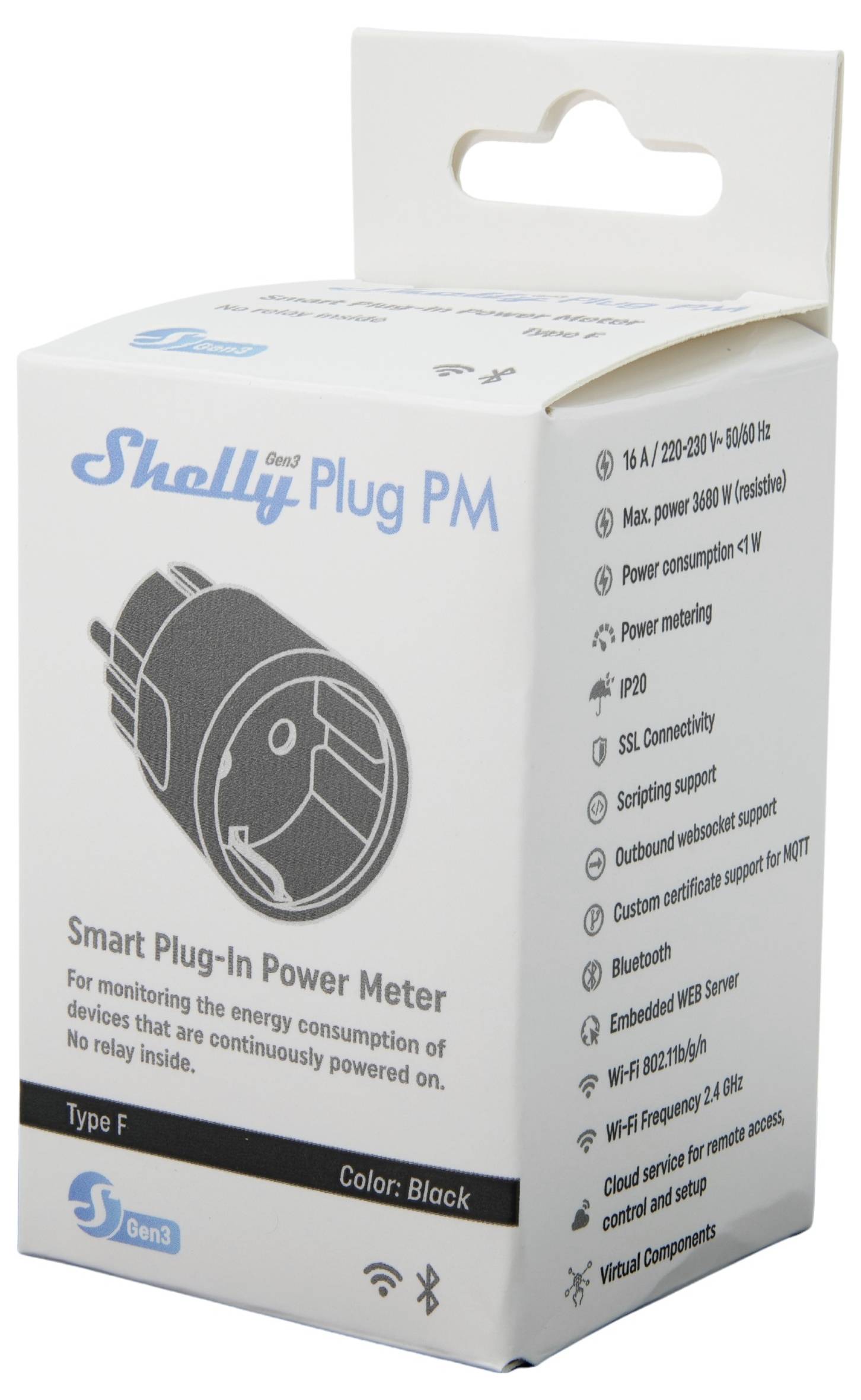 Ein schwarzes, kreisförmiges intelligentes Stromgerät mit der Bezeichnung „Shelly Plug PM Gen 3