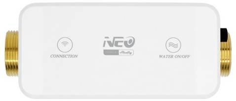 A small, rectangular water valve control device with two brass connectors and two icons labeled 'Connection' and 'Water On/Off'.