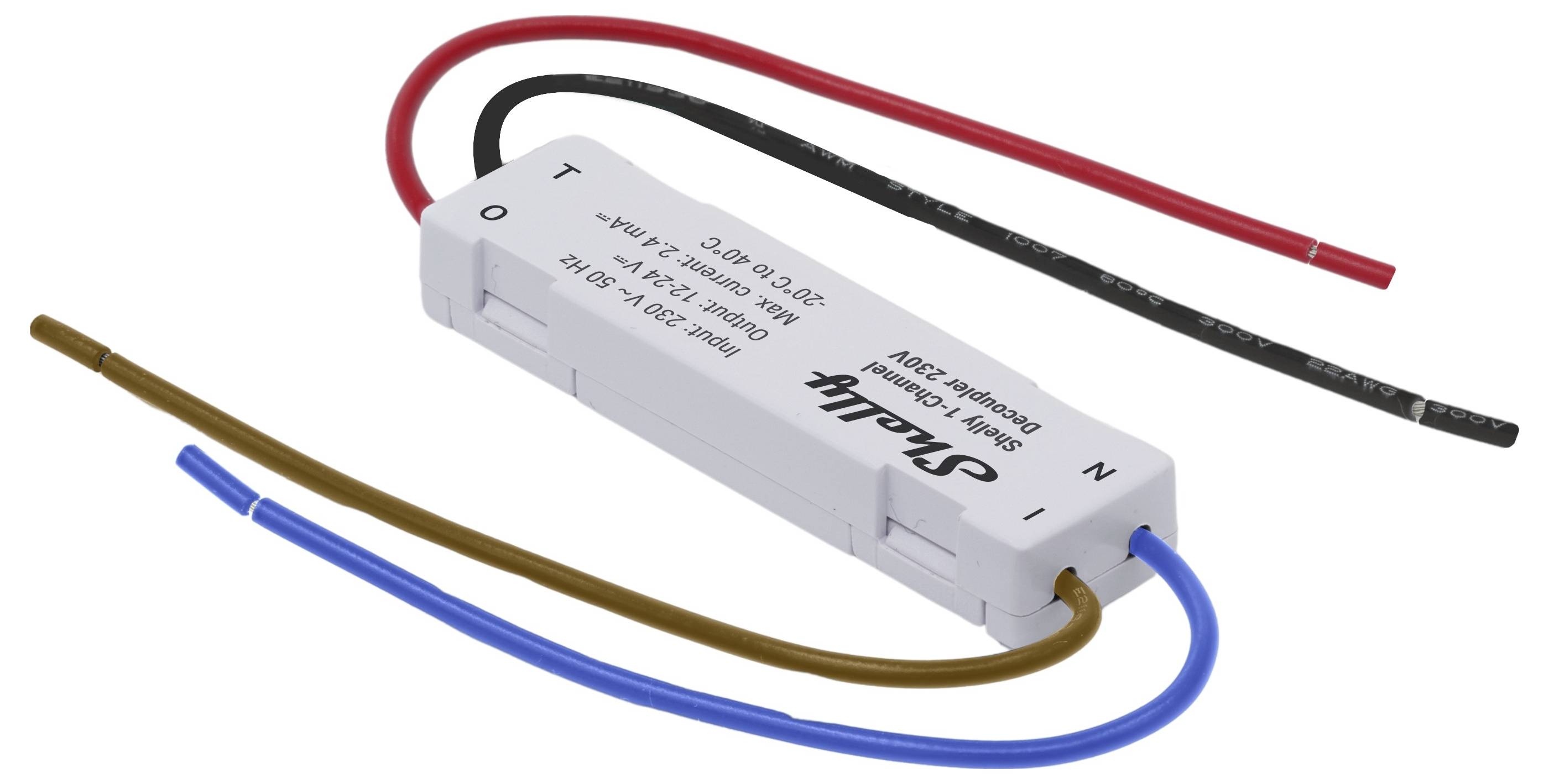 Eine weiße rechteckige elektronische Komponente mit angeschlossenen Drähten. Die Komponente hat Ein- und Ausgangsbeschriftungen sowie technische Spezifikationen.