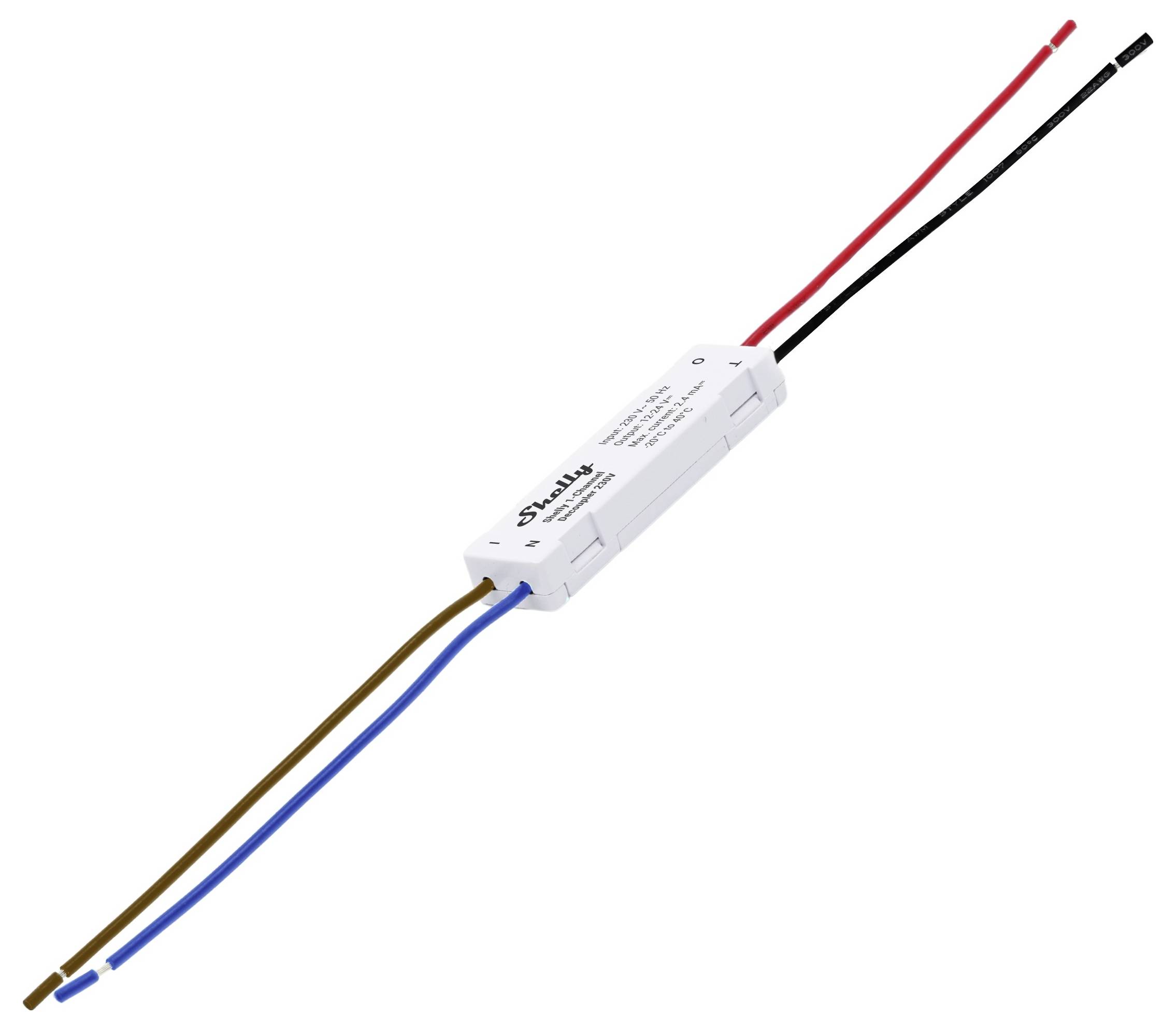 Ein kleiner weißer elektronischer Transformator mit zwei Paaren farbiger Drähte: Rot und Schwarz auf der einen Seite, Braun und Blau auf der anderen Seite.