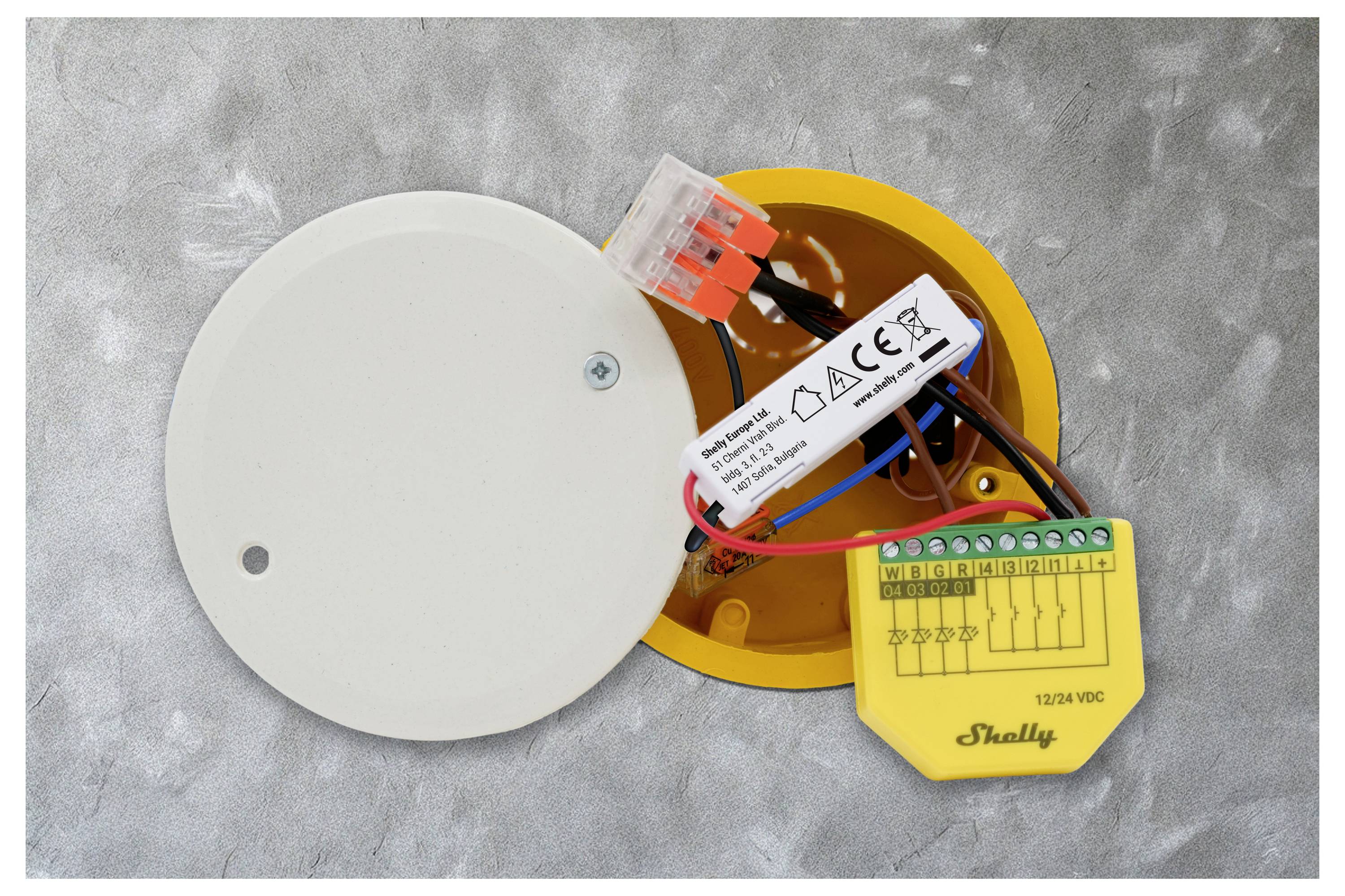 Eine offene elektrische Verteilerdose, die interne Verdrahtung und ein Shelly Smart-Relais-Gerät mit sichtbaren Anschlussklemmen und Beschriftungen zeigt.