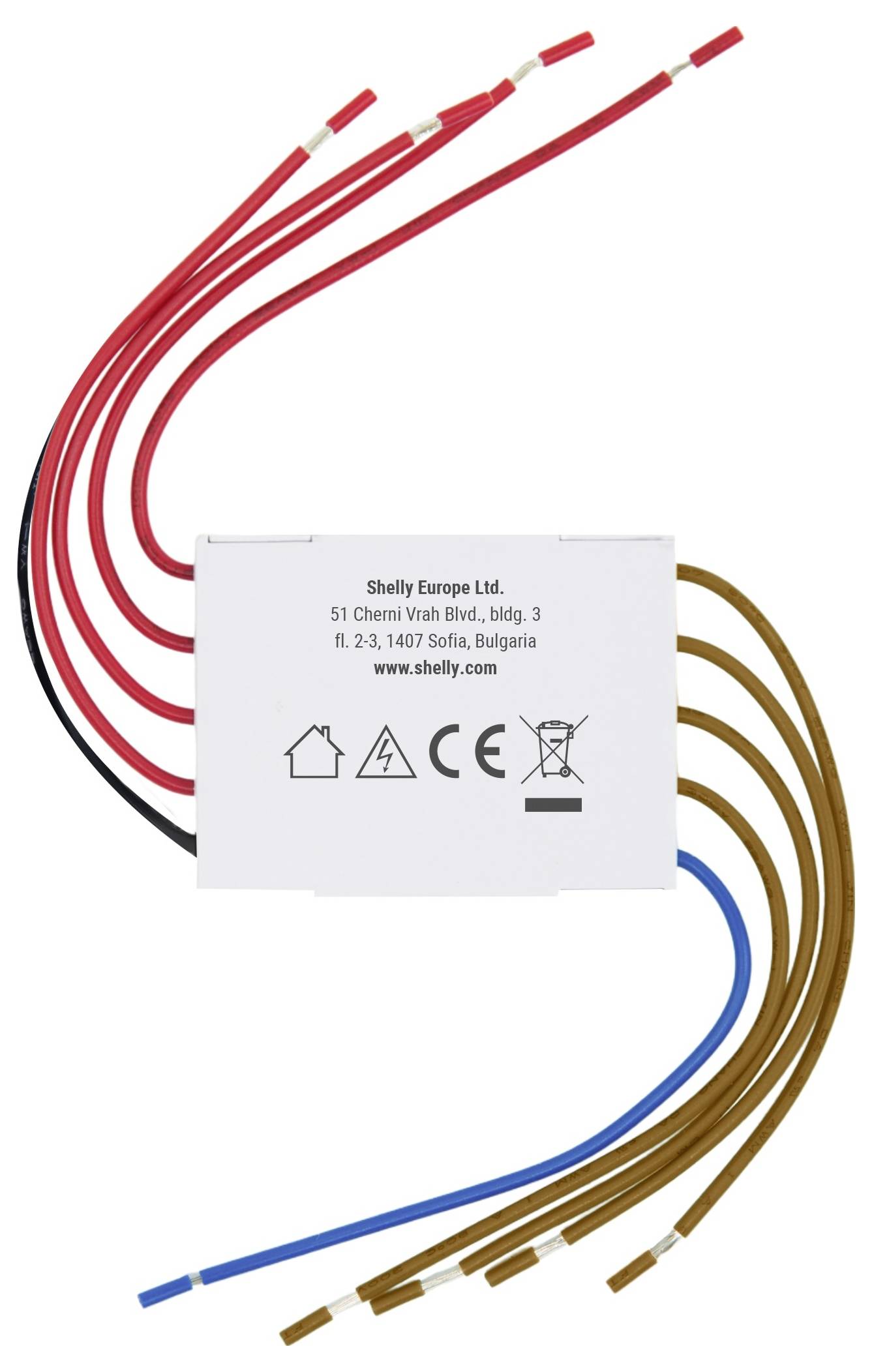 Ein kleines elektronisches Gerät mit mehreren roten, schwarzen, blauen und braunen Drähten, die sich davon erstrecken, mit Symbolen für elektrische Sicherheit gekennzeichnet.