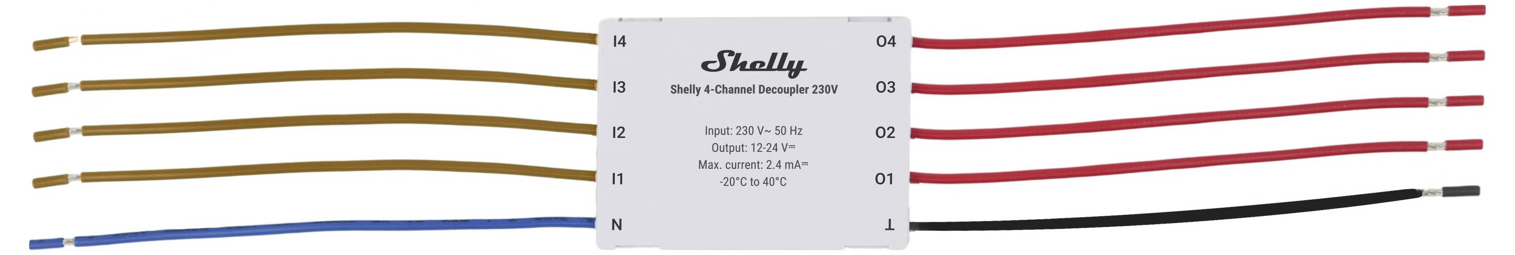 Ein rechteckiges Gerät mit gekennzeichneter Verkabelung: braune Drähte zu L, N, I; rote Drähte von O1 zu O4; schwarzer Draht auf der linken Seite. Markenname oben.