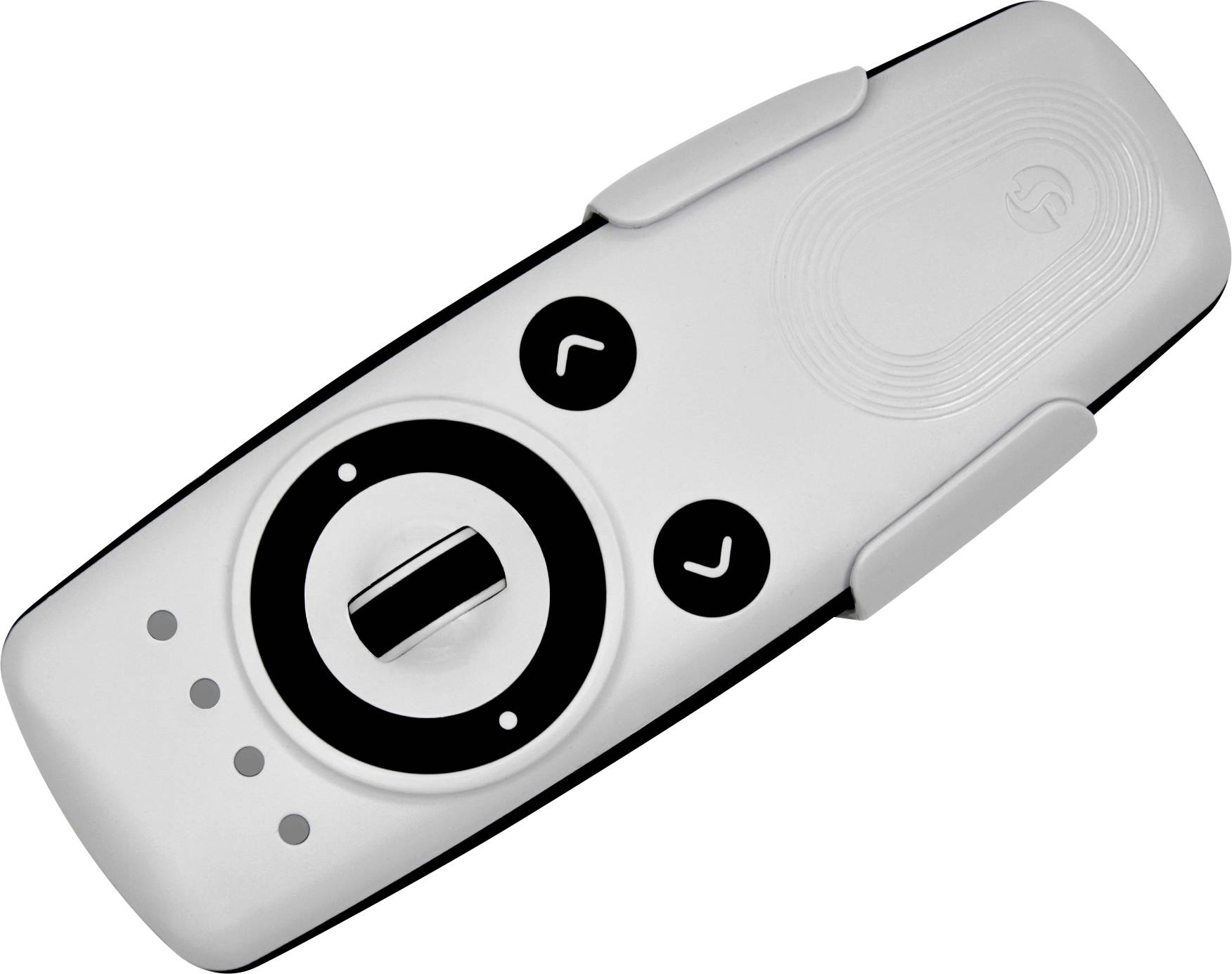 „Ein schwarzweiß-farbener Spielecontroller mit einem zentralen Joystick und Tasten auf beiden Seiten vor einem einfachen Hintergrund.