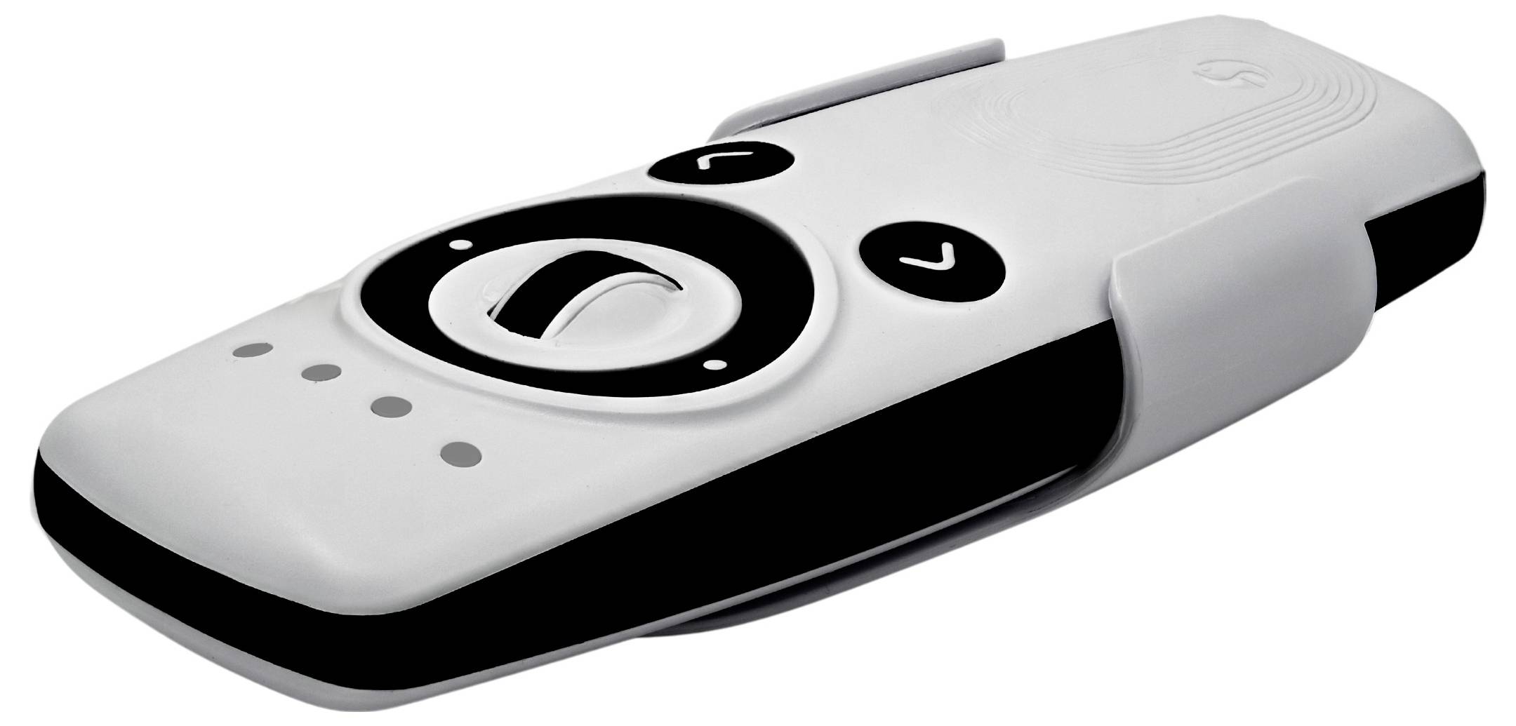 Eine weiß-schwarze Fernbedienung mit Tasten zur Lautstärke- und Kanaleinstellung, entworfen für einfache Bedienung und ergonomische Handhabung.