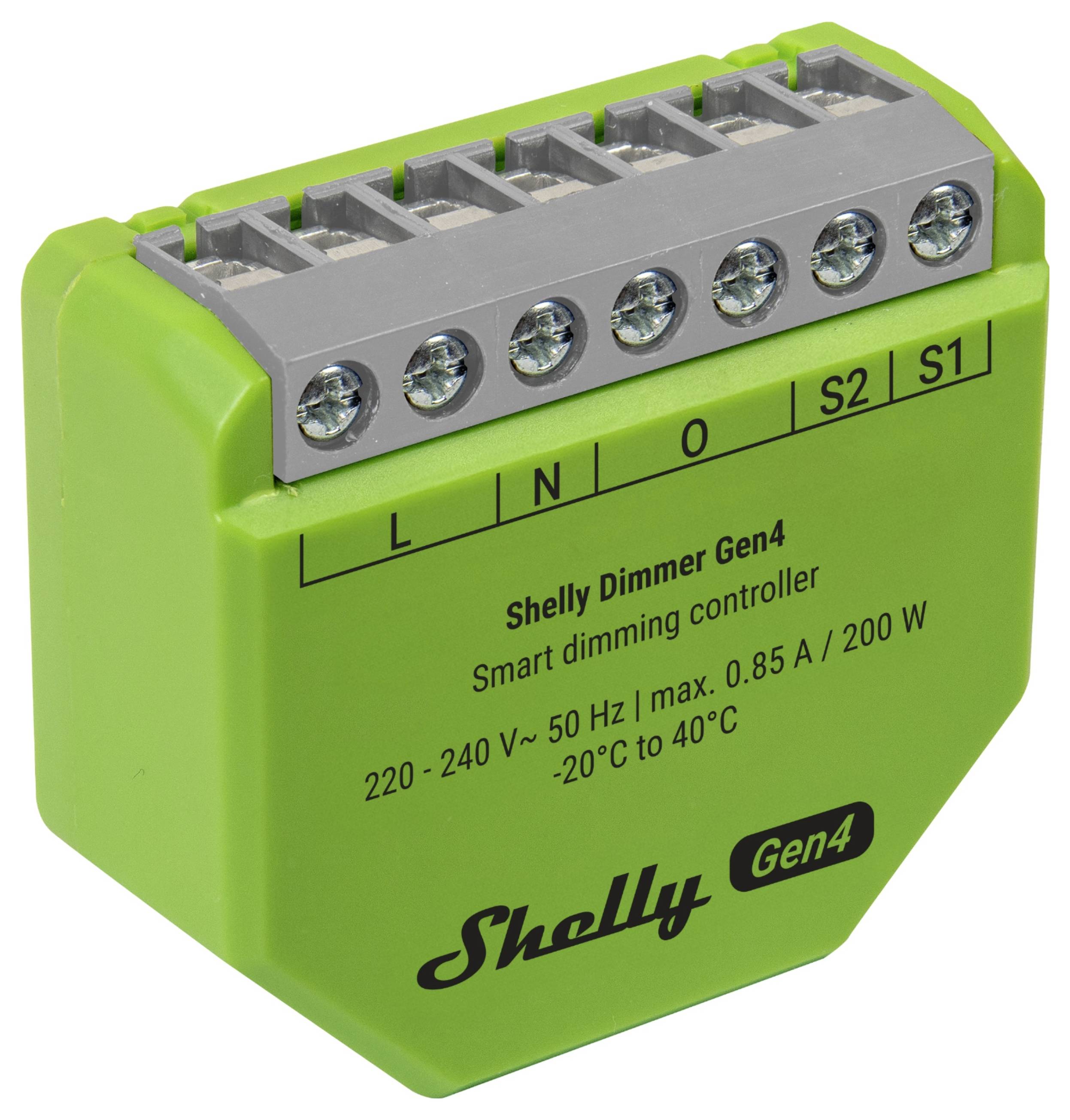 Green Shelly Dimmer Gen4 zeigt elektrische Verbindungen. Gekennzeichnet mit „Smart-Dimmregler