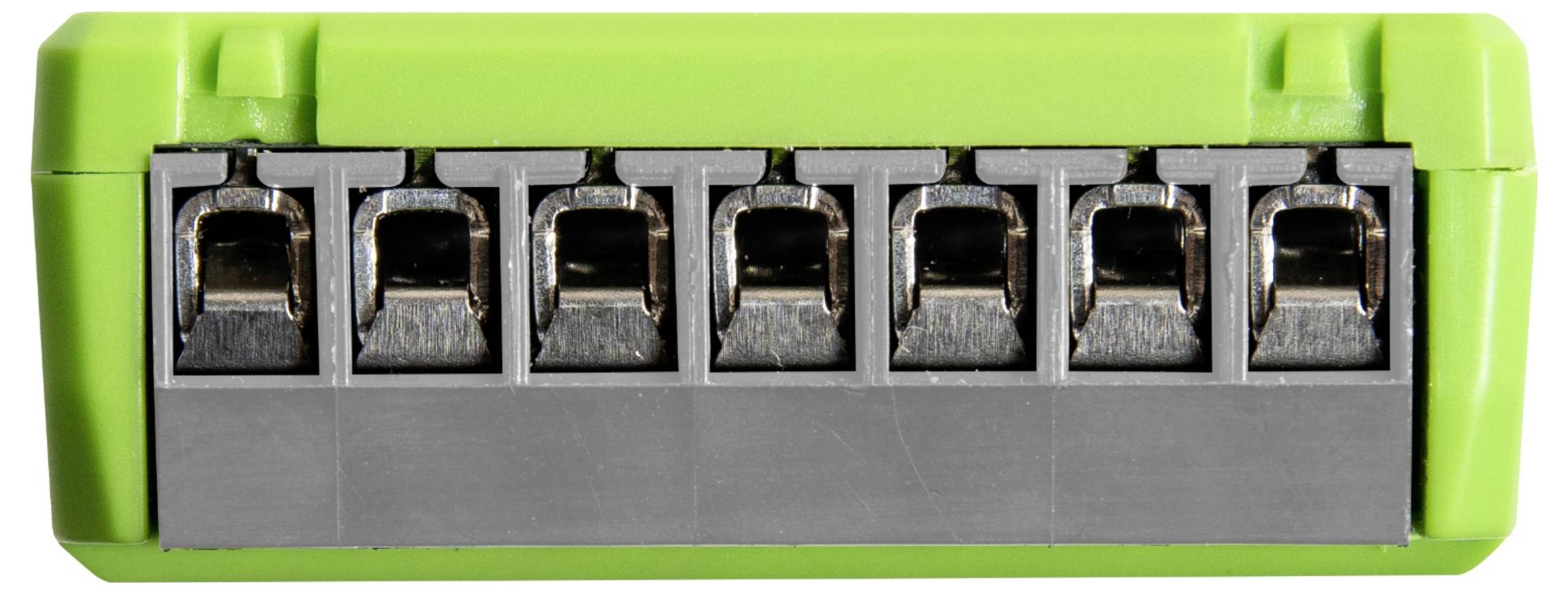 Ein grün-grauer Klemmblock mit acht Anschllusspunkten, der zum Befestigen und Beenden von elektrischen Drähten in einem Stromkreis verwendet wird.