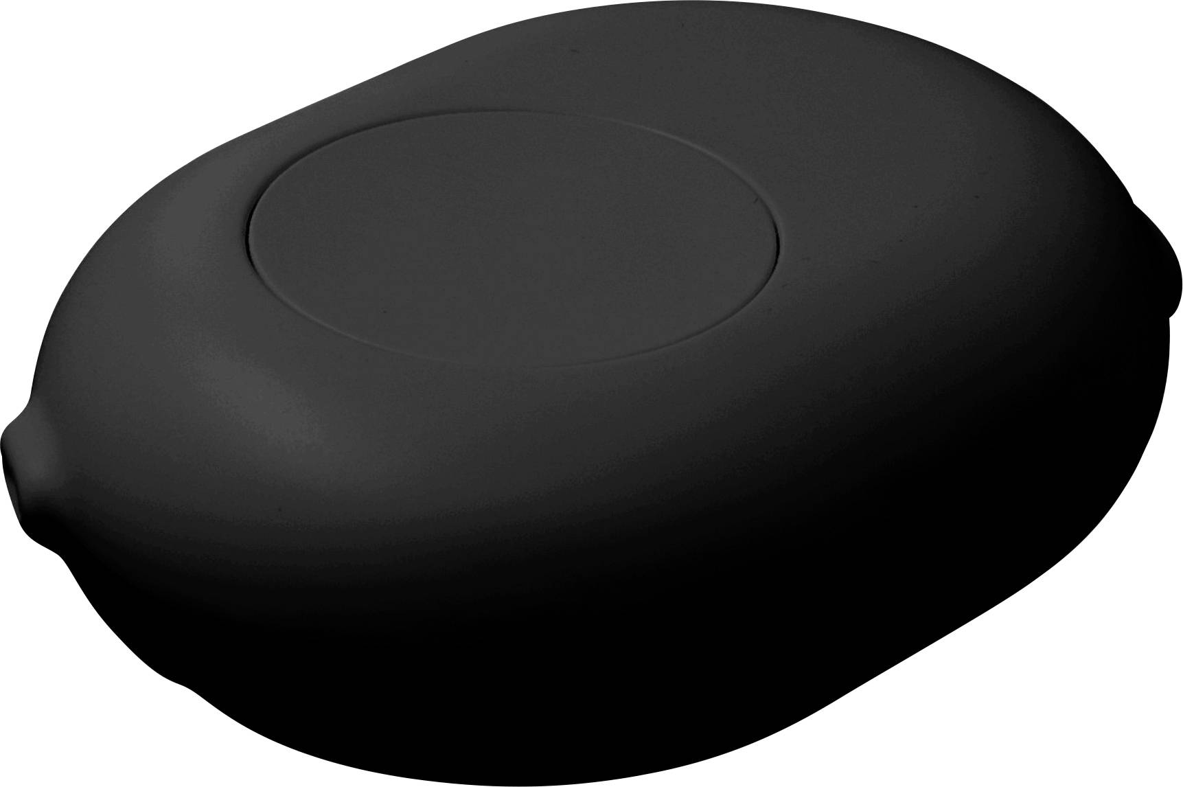 Ein kleines, schwarzes, oval geformtes kabelloses Ladepad mit einer subtilen kreisförmigen Vertiefung in der Mitte, platziert auf weißem Hintergrund.