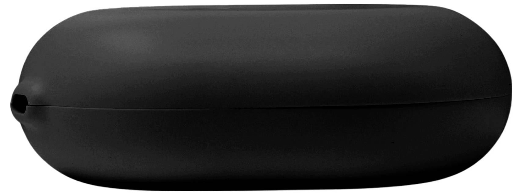 A black protective case, oval-shaped, with a small opening on one end.