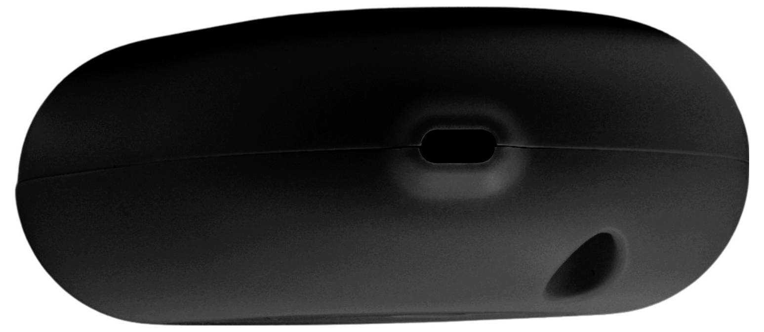 A black wireless computer mouse viewed from the side, showing its smooth top surface and a visible scroll wheel.