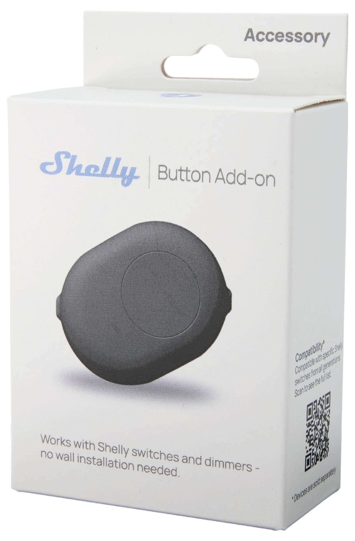 Shelly Button Add-on box, showing a button device. Compatible with Shelly switches and dimmers, no installation needed.