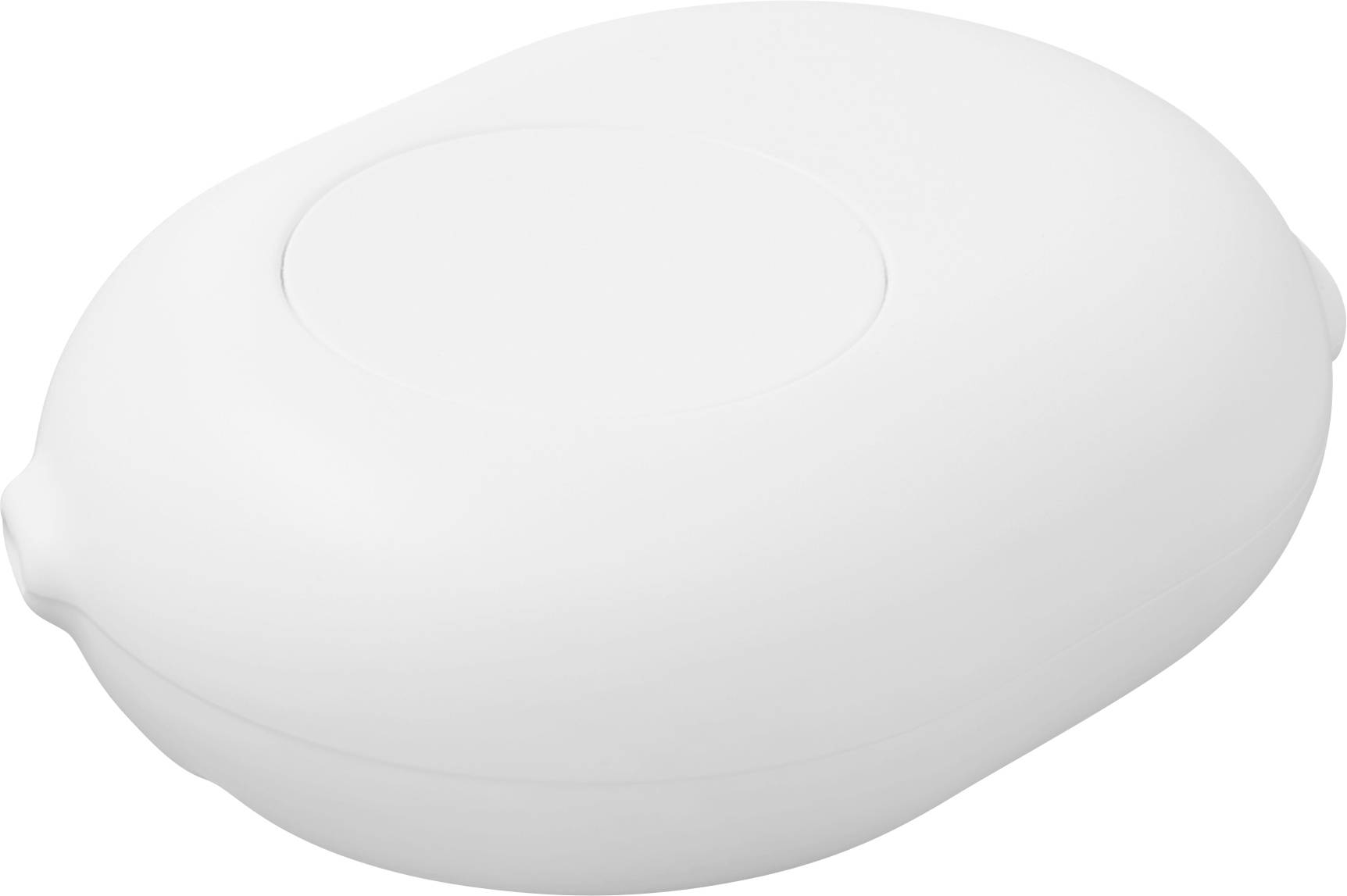 Weißer ovaler Seifenhalter mit einer kreisförmigen Vertiefung auf dem Deckel.