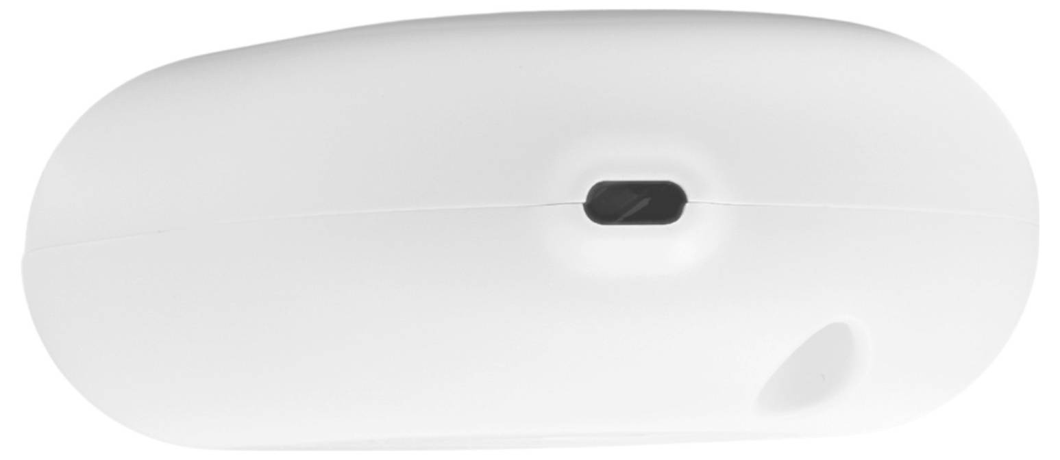 A white wireless computer mouse shown from the underside, featuring a central sensor and a battery compartment latch.