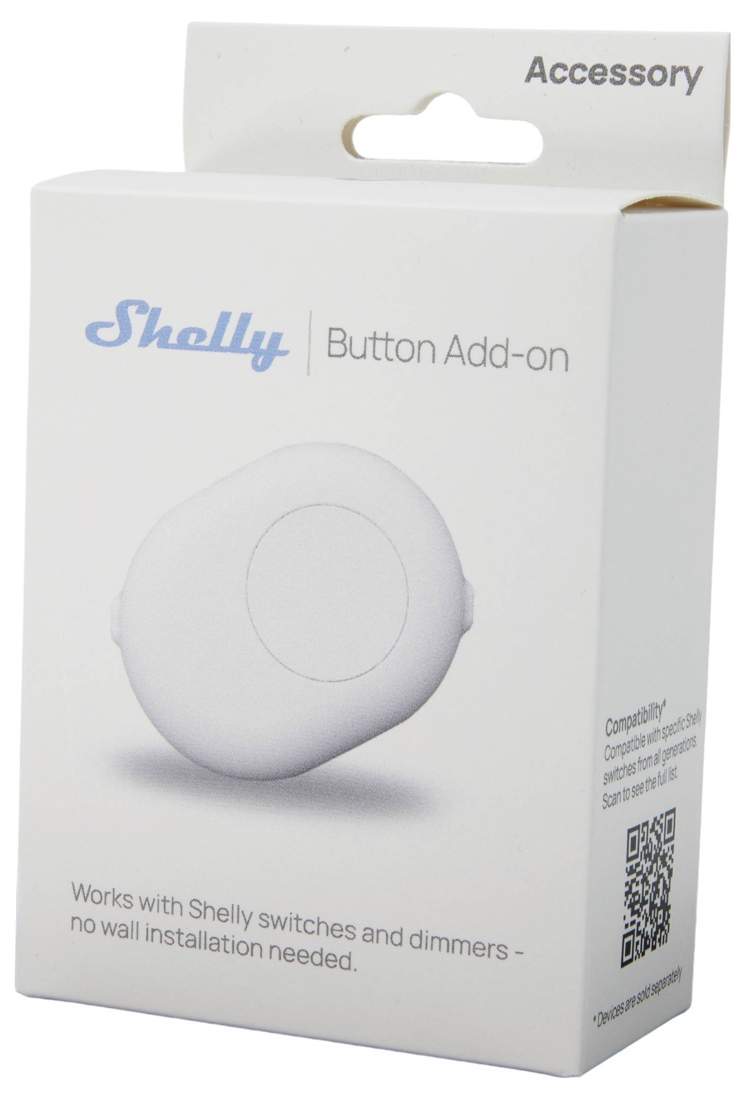 'Shelly Button Add-on' accessory packaging showing a white button. Text: 'Works with Shelly switches and dimmers – no wall installation needed.'