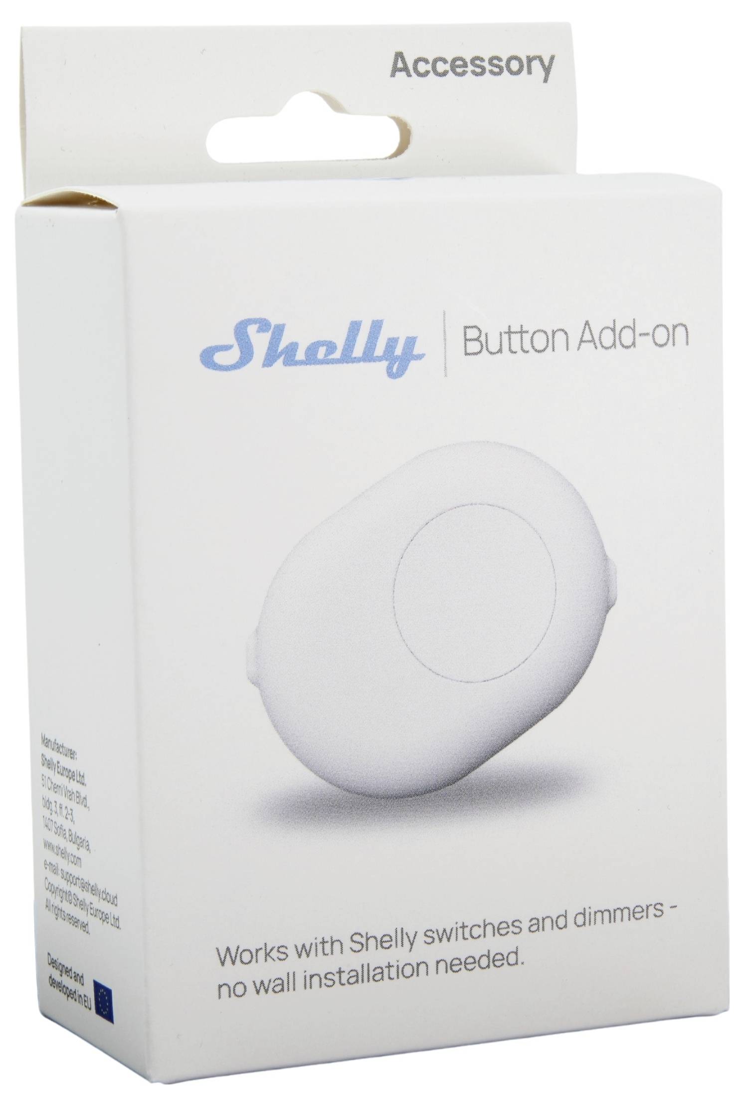 Shelly Button Add-on accessory package, compatible with Shelly switches and dimmers. No wall installation needed.