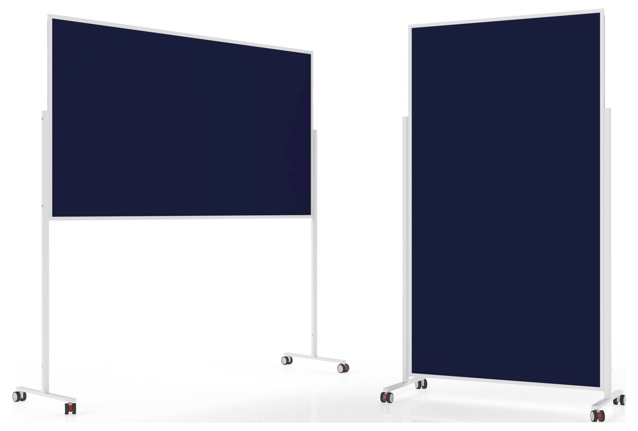 Zwei mobile Whiteboards mit dunkelblauer Oberfläche, eines horizontal und eines vertikal, beide auf Rollen für einfache Beweglichkeit.