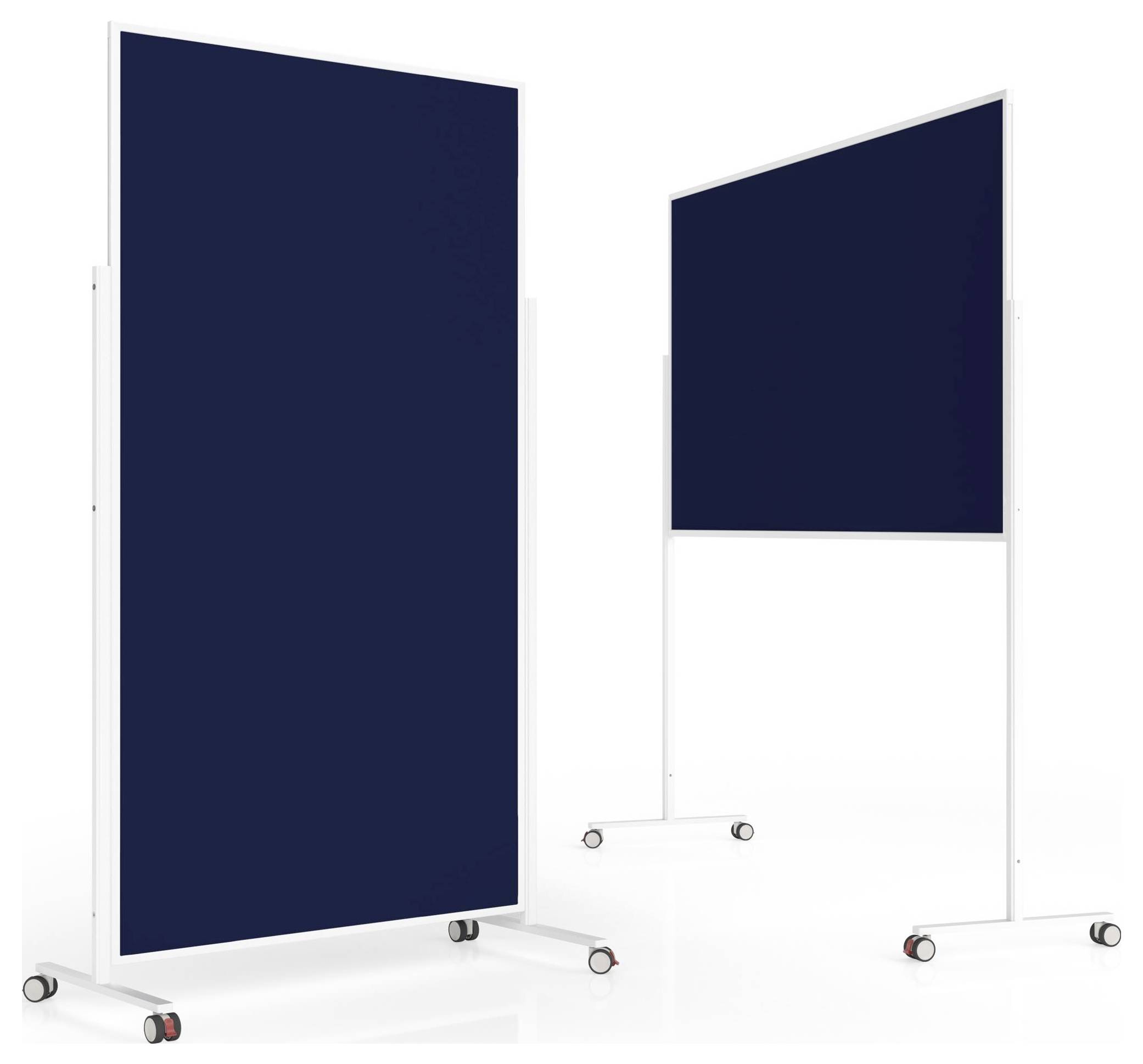 Zwei tragbare dunkelblau Mitteilungstafeln auf Rollen, eine höhere und eine niedrigere, beide mit weißen Rahmen.