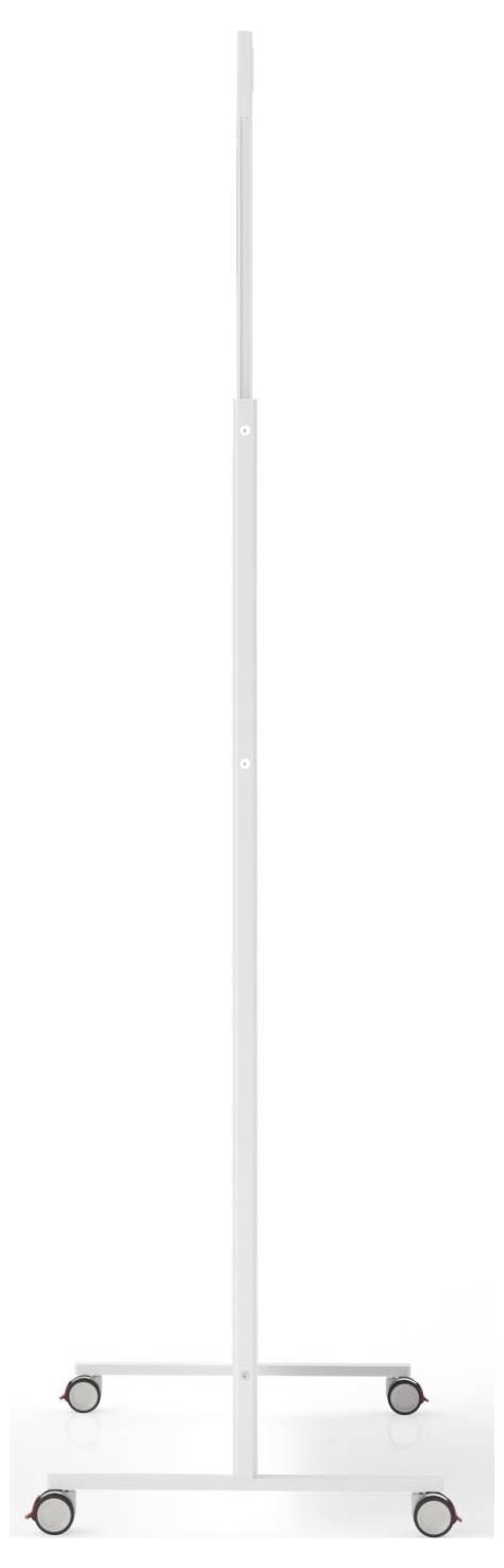 Ein mobiler Whiteboard-Ständer auf Rollen, von der Seite gezeigt, wobei sein schlankes Design und seine Portabilität hervorgehoben werden.