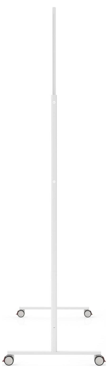 Ein hohes, schlankes, weißes Gestell mit einer Basis auf vier Lenkrollen, entworfen zum Montieren oder Stützen von Objekten.