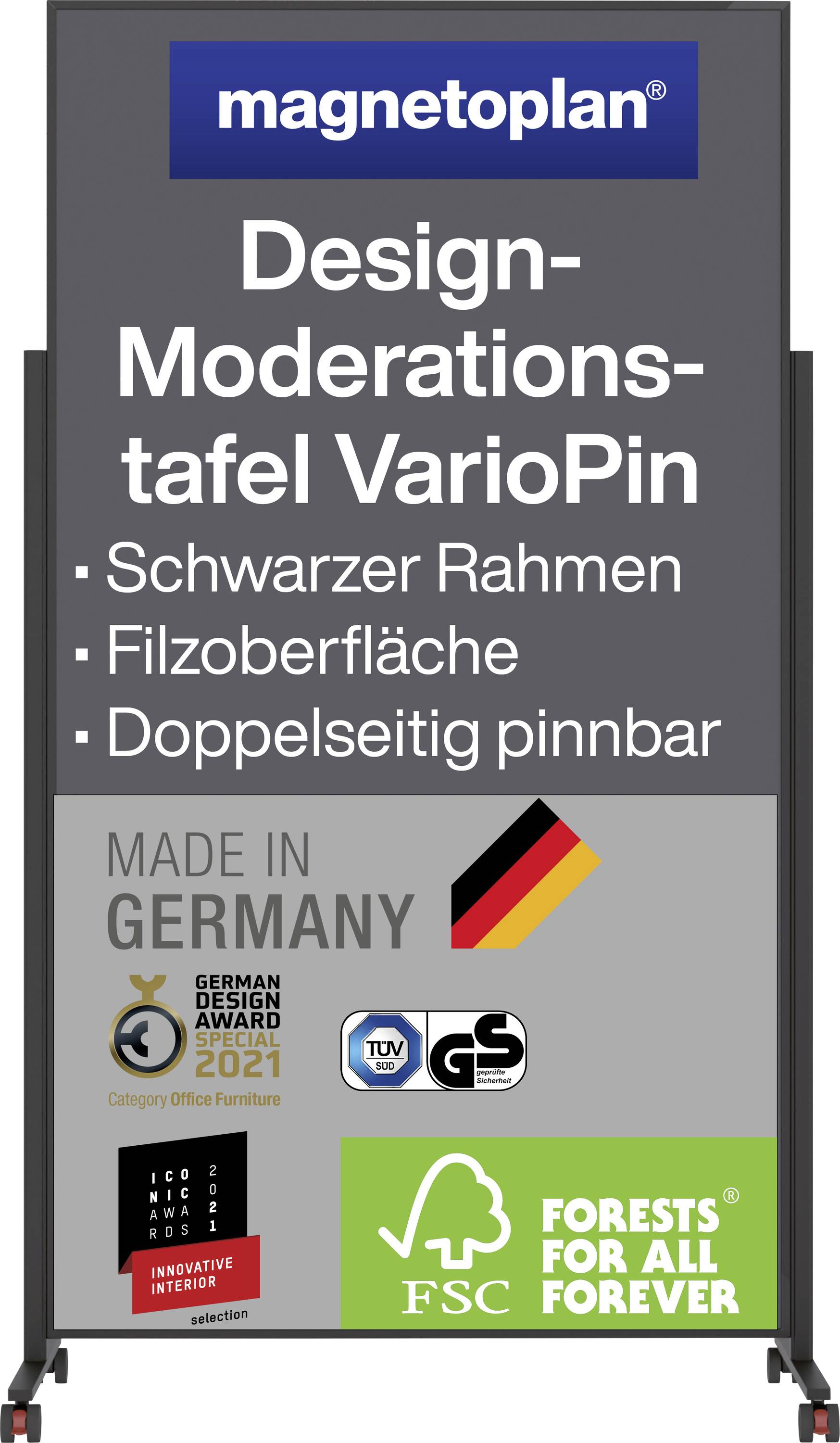 Schwarze Moderationstafel mit Filzoberfläche von Magnetoplan, 'Made in Germany' abgebildet. Gewann German Design Award 2021.