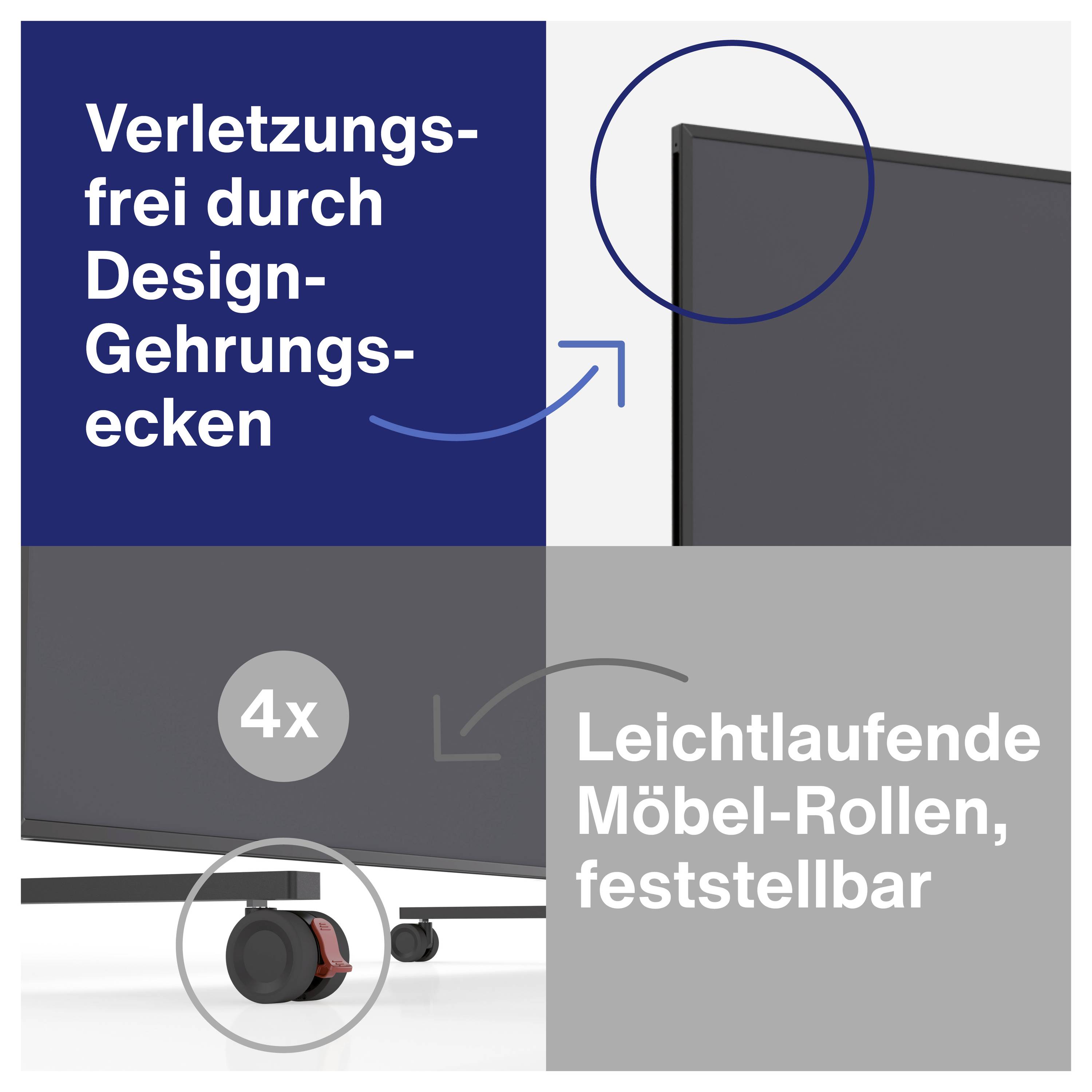 Verletzungsfrei durch Design-Gehrungsecken. 4x leichtlaufende Möbel-Rollen, feststellbar.