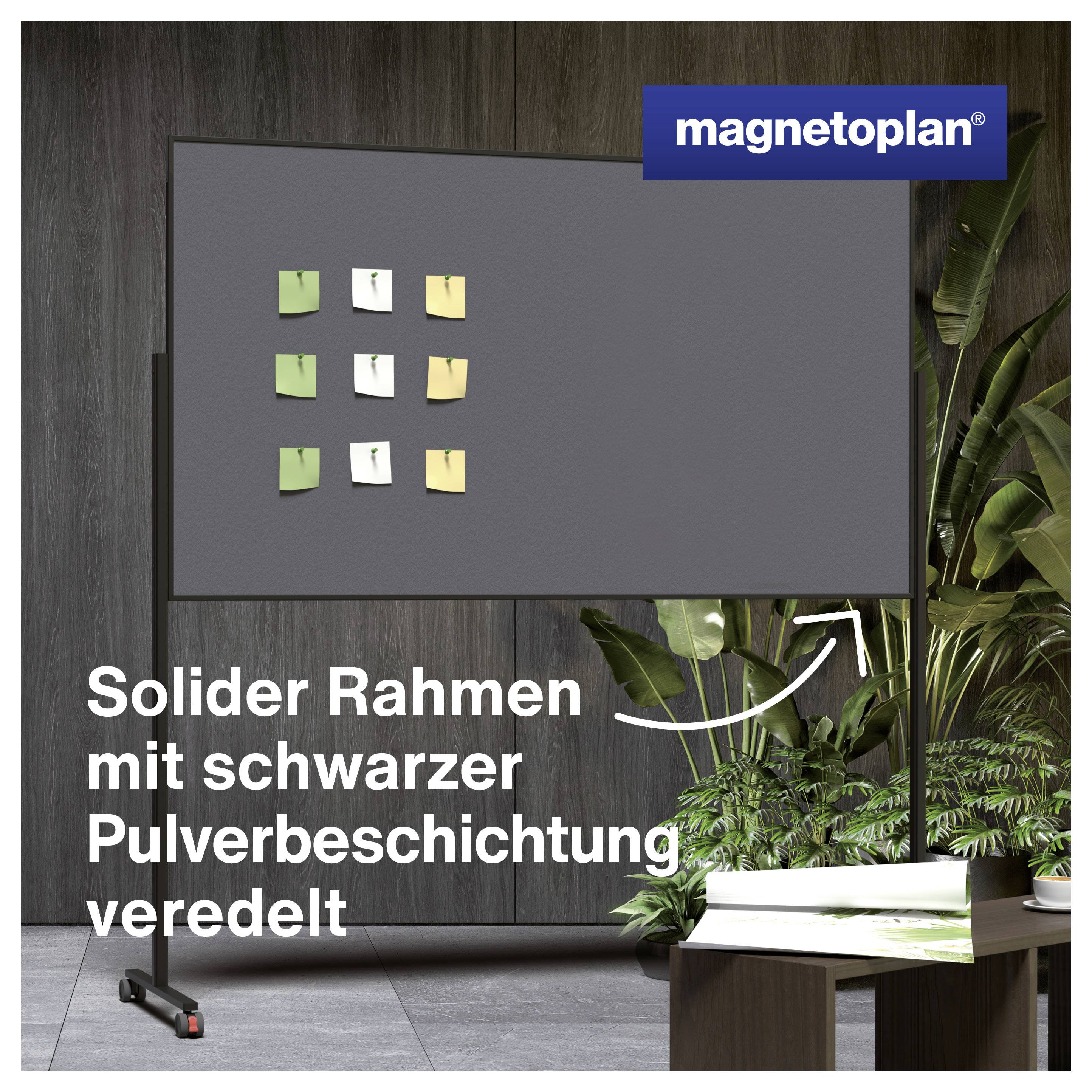 Eine Magnettafel mit Zetteln hängt an einer Wand. Daneben ist ein Pflanzenarrangement. Text: 'Solider Rahmen mit schwarzer Pulverbeschichtung veredelt'.
