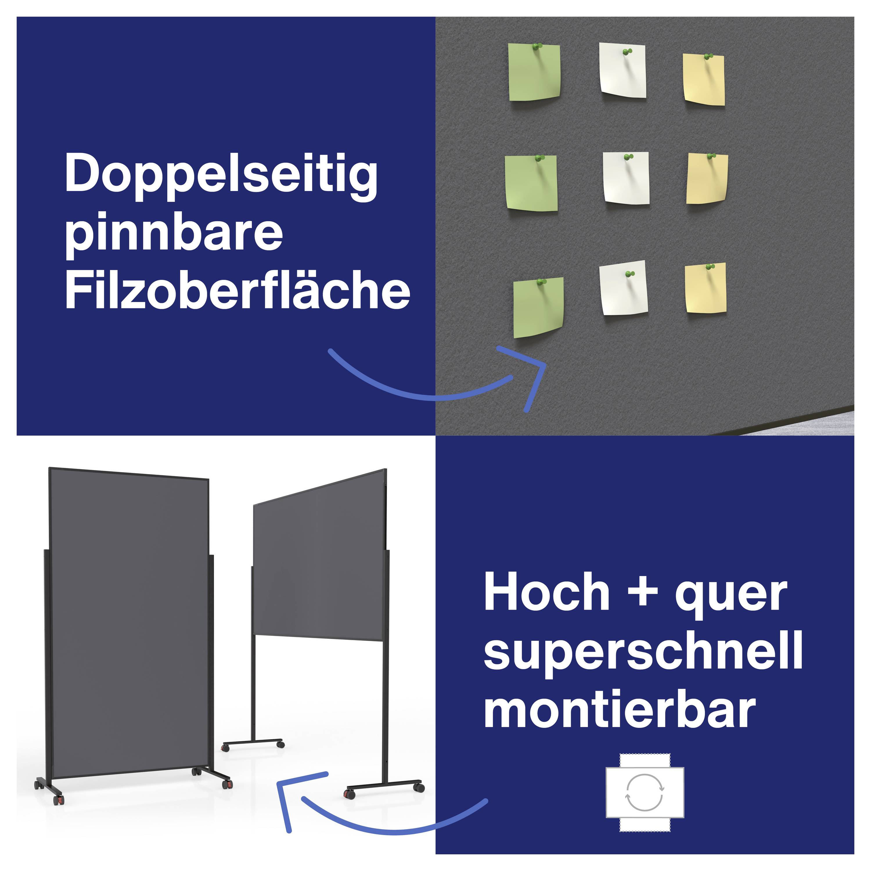 'Doppelseitig pinnbare Filzoberfläche' und 'Hoch + quer superschnell montierbar' mit Abbildungen zur Befestigung von Notizen.