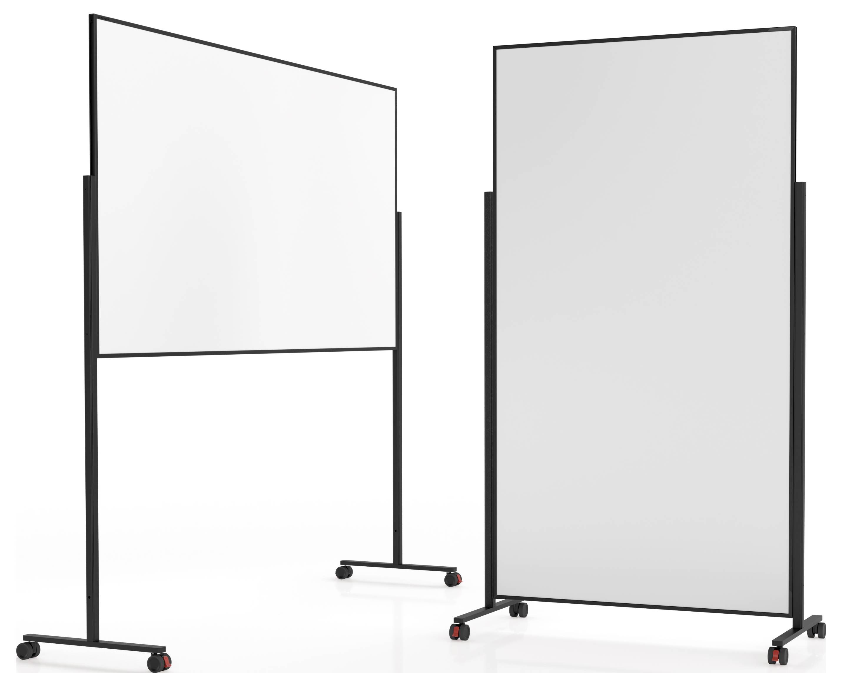 Zwei mobile Whiteboards auf Rädern mit schwarzen Rahmen, eines horizontal und das andere vertikal angeordnet, auf weißem Hintergrund.