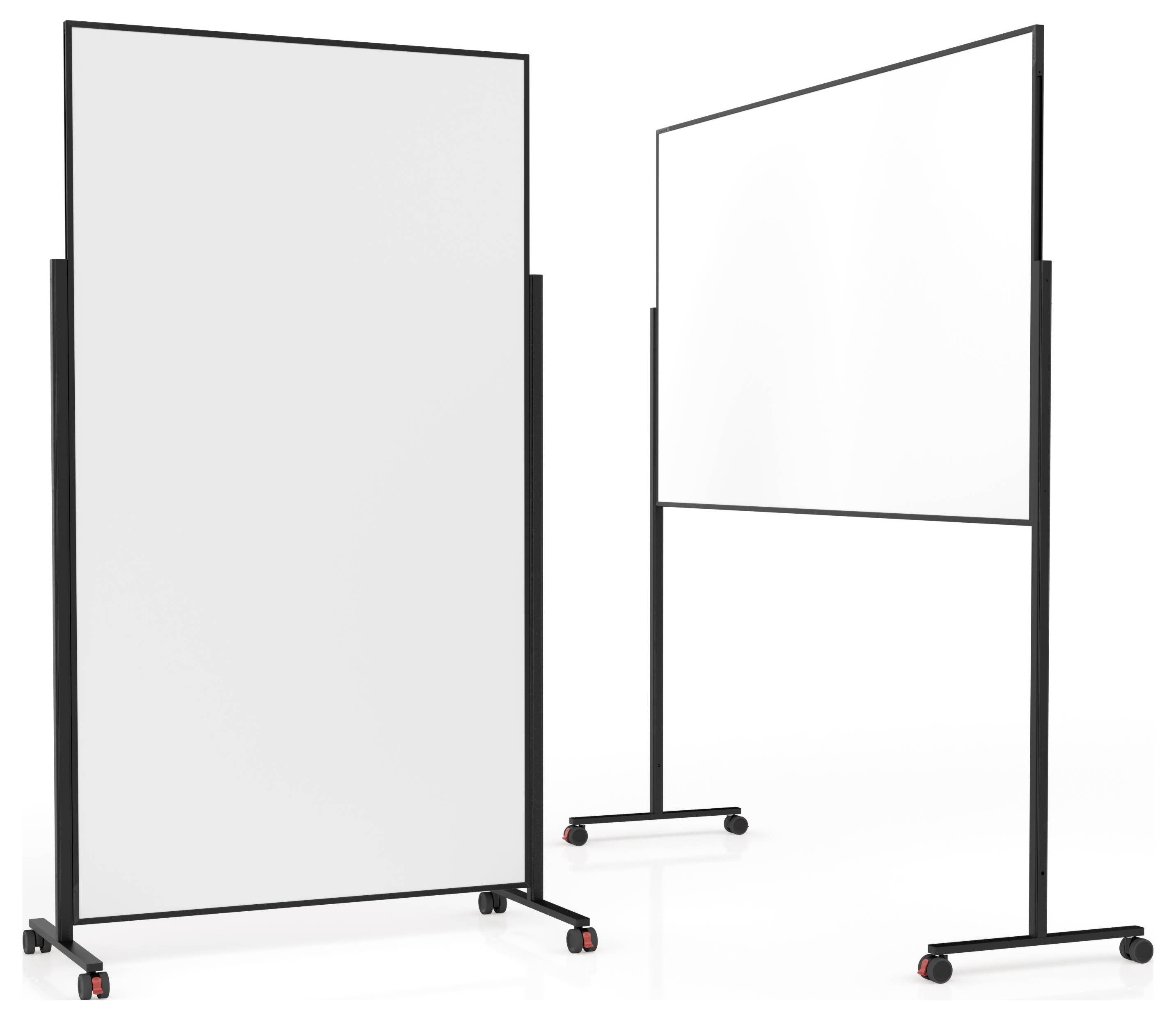 Zwei große, mobile Whiteboards mit schwarzen Rahmen, jeweils auf Rollen zur leichten Bewegung. Eines ist von vorne positioniert, das andere in Seitenansicht.