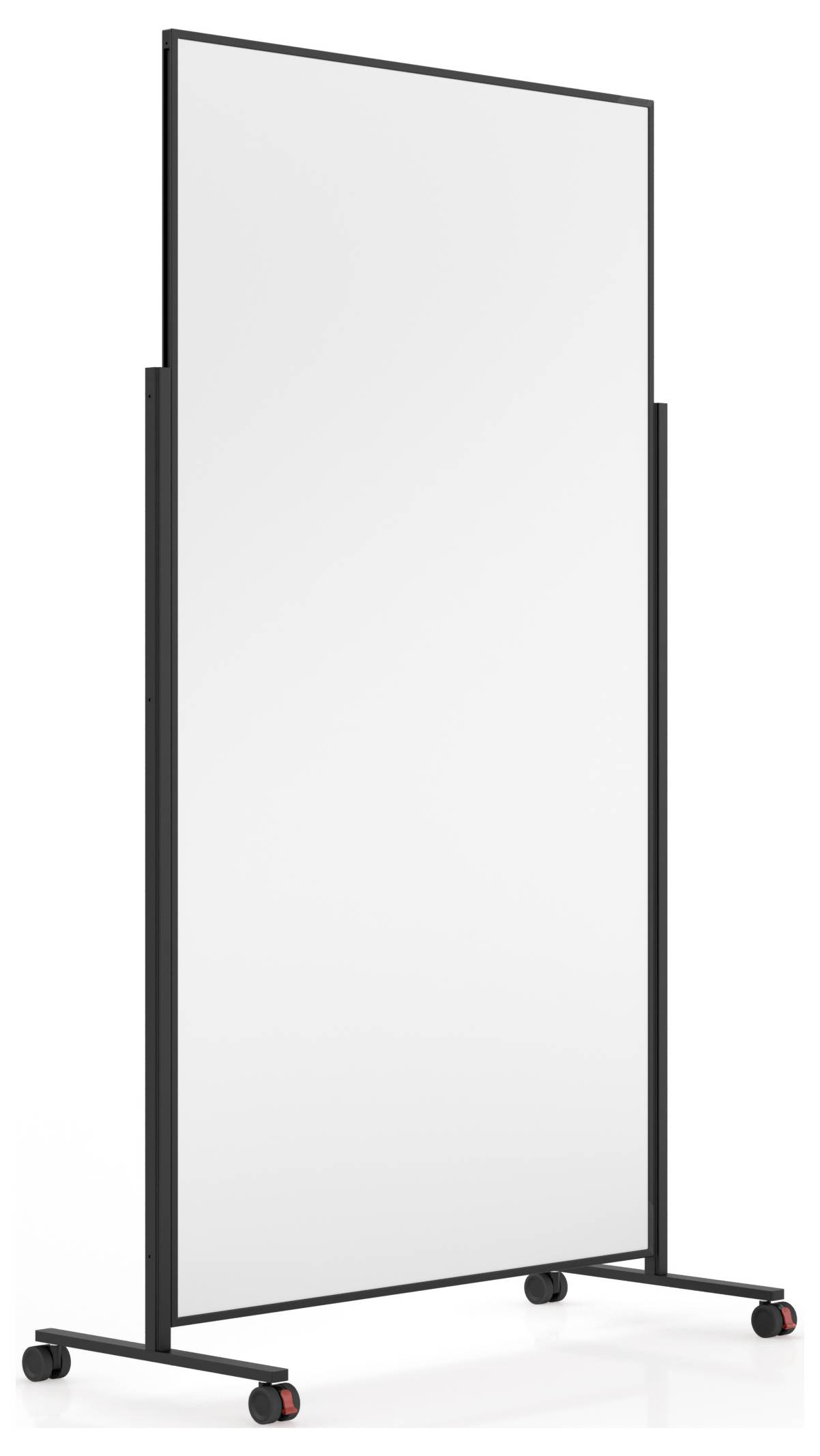 Ein vertales Whiteboard mit schwarzem Metallrahmen, auf Rollen montiert für Mobilität.