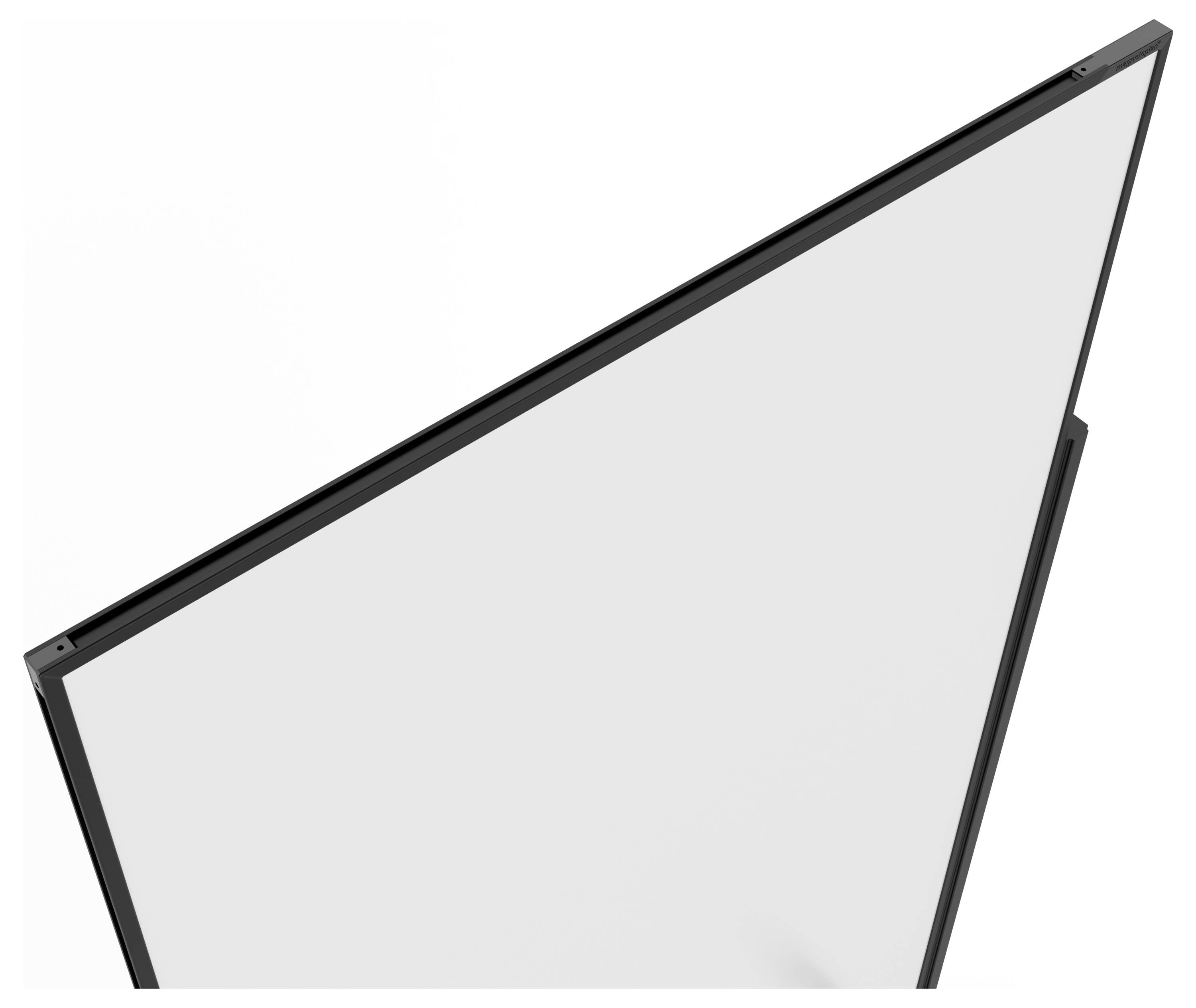 Ein weißer Bildschirm mit einem dünnen schwarzen Rahmen wird aus einem Winkel betrachtet und zeigt seine Kante.