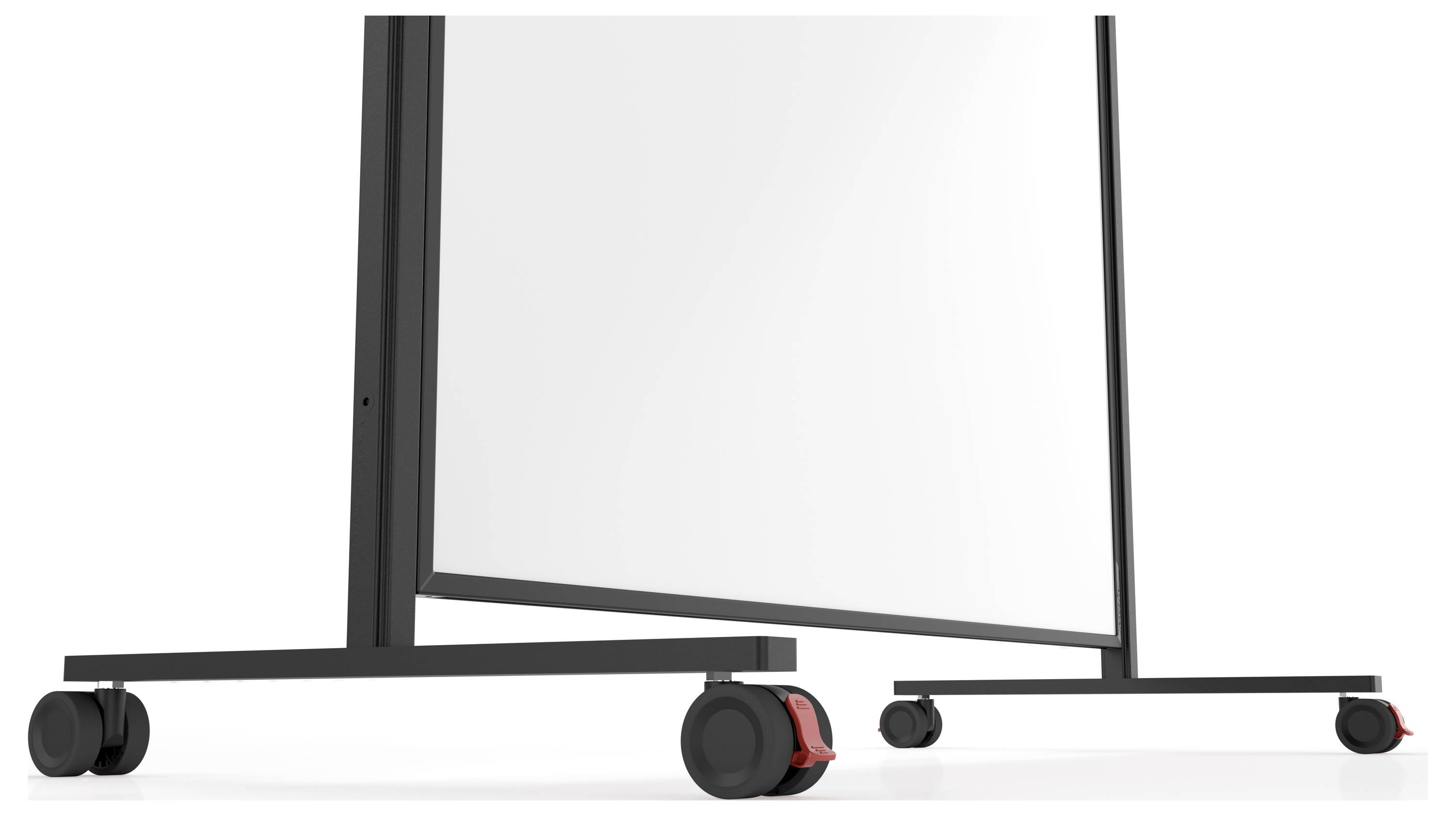 Zwei mobile Whiteboards mit Rädern, parallel positioniert, auf weißem Hintergrund. Ein Board überlappt das andere teilweise.