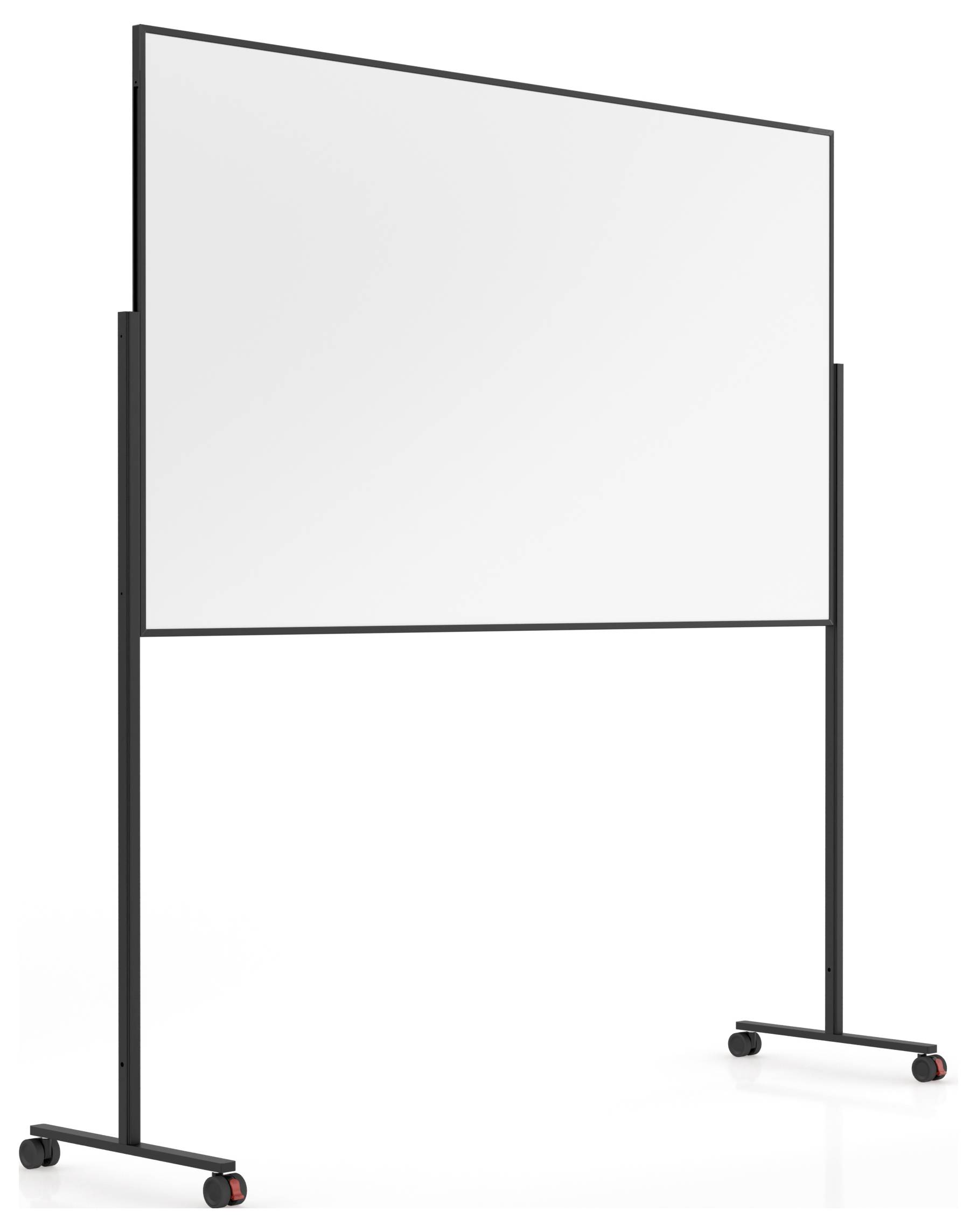 Ein mobiles Whiteboard auf Rädern mit einem rechteckigen Rahmen und einer großen leeren weißen Oberfläche, geeignet zum Schreiben oder Zeichnen.