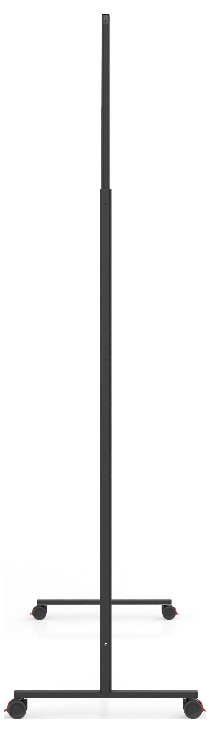 Ein schwarzer Metallständer mit Rollen an der Basis, von der Seite betrachtet, zeigt sein schlankes Profil.