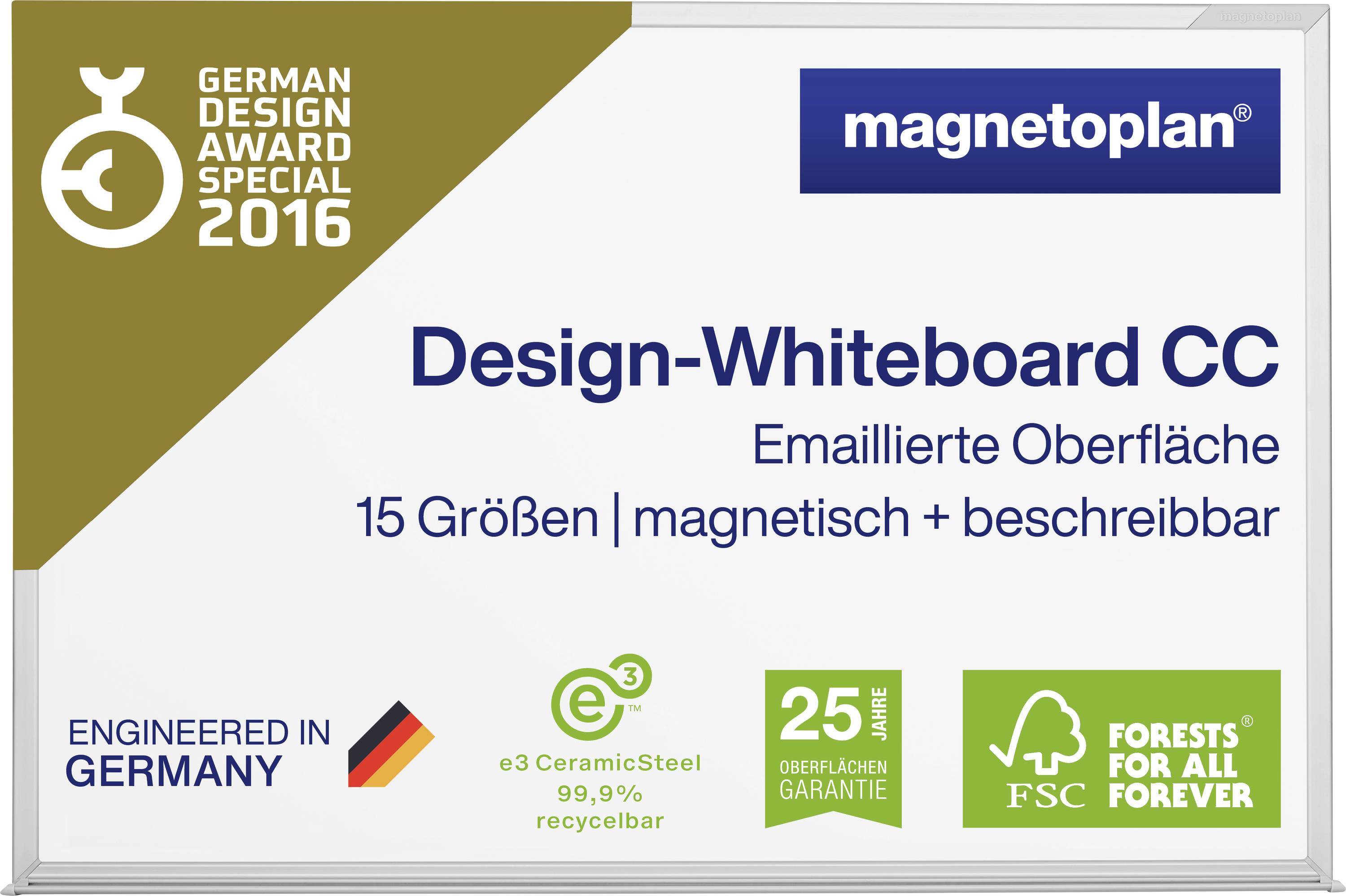 Ein Whiteboard mit dem Text 'Design-Whiteboard CC', emaillierte Oberfläche, 15 Größen, magnetisch und beschreibbar. Mit Auszeichnungen.