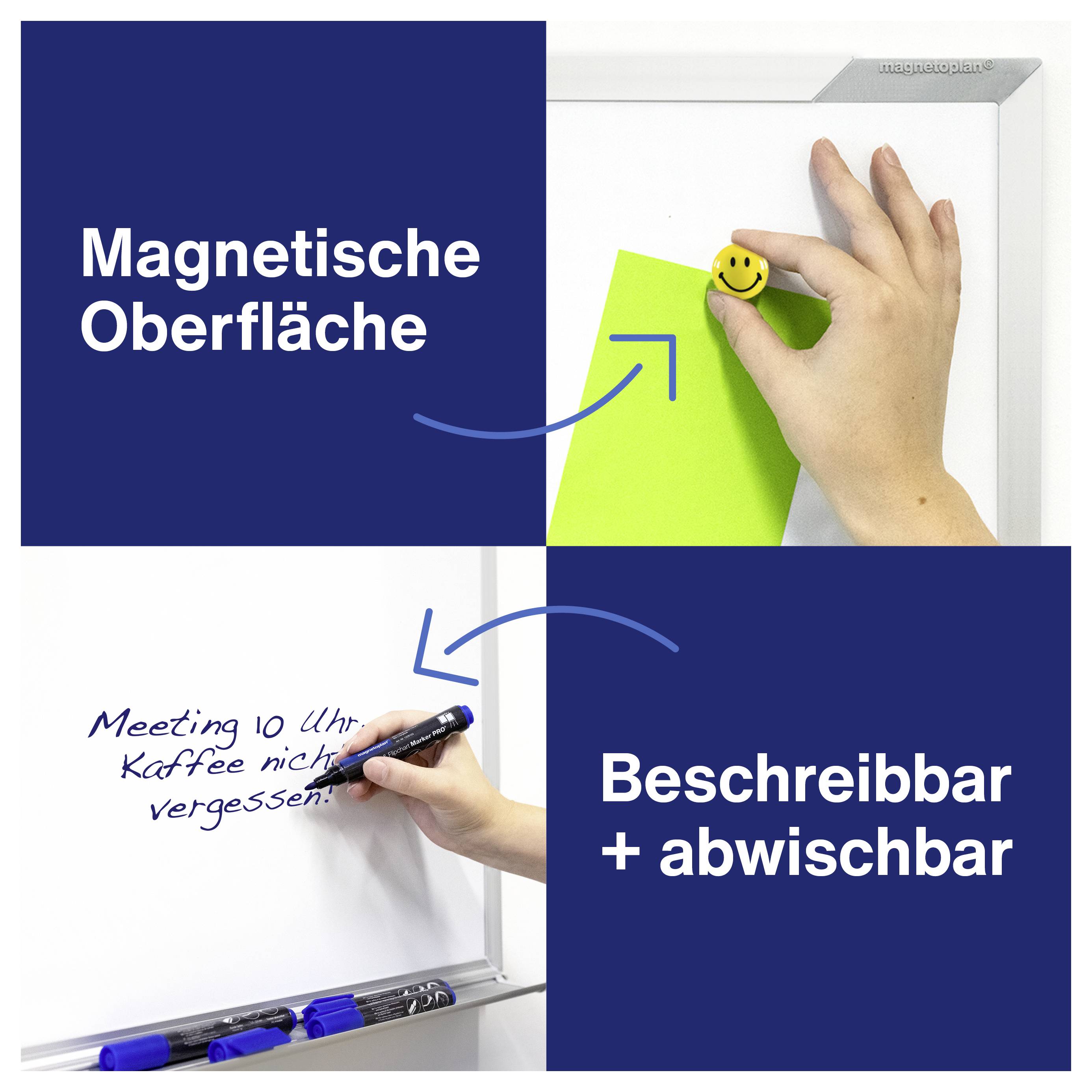 'Magnetische Oberfläche': Eine Hand befestigt ein grünes Blatt mit einem Smiley-Magneten. 'Beschreibbar + abwischbar': Eine andere Hand schreibt mit einem abwischbaren Stift.