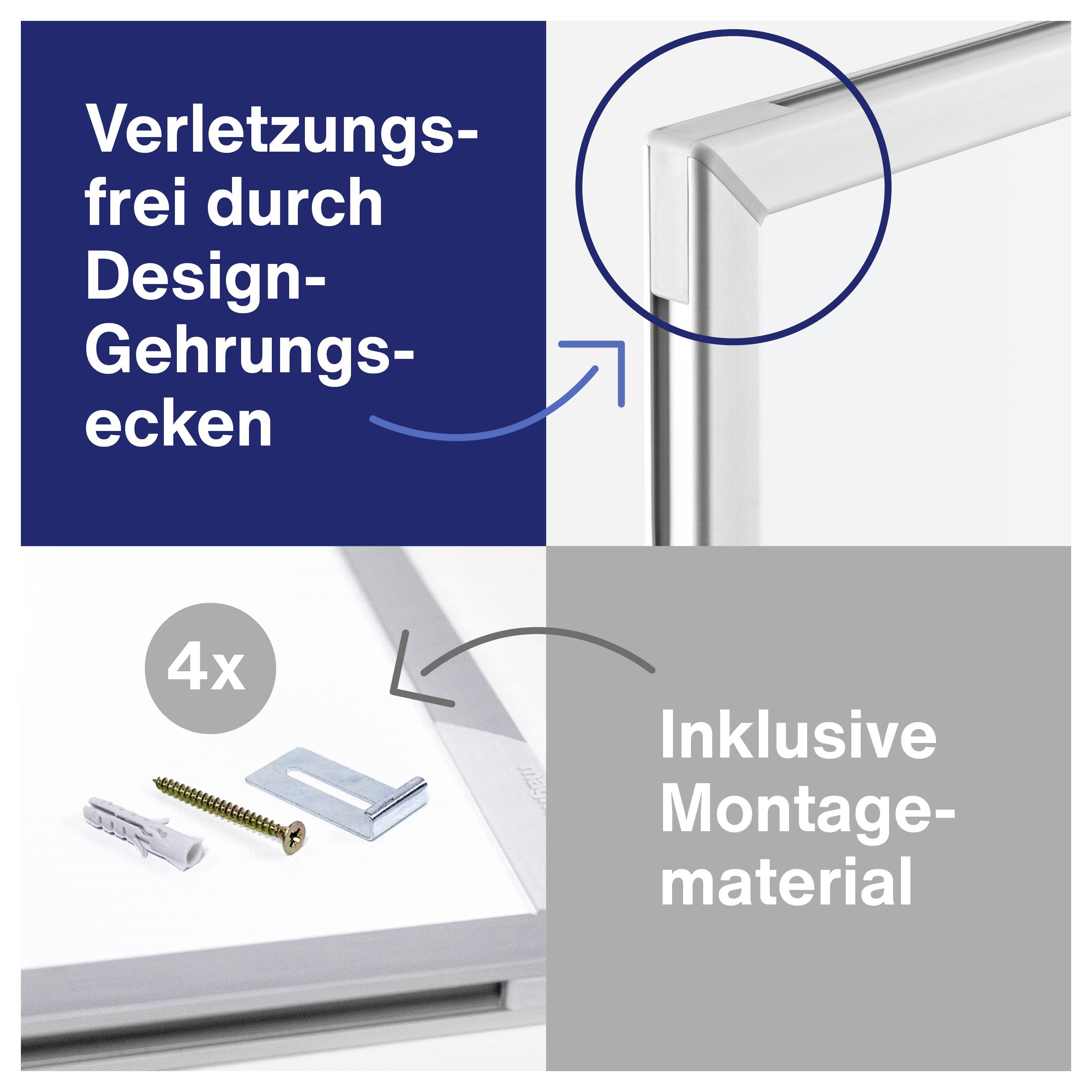 'Verletzungsfrei durch Design-Gehrungsecken' oben links; Rahmen und Befestigungsmaterial (4x) abgebildet; 'Inklusive Montagematerial' rechts unten.
