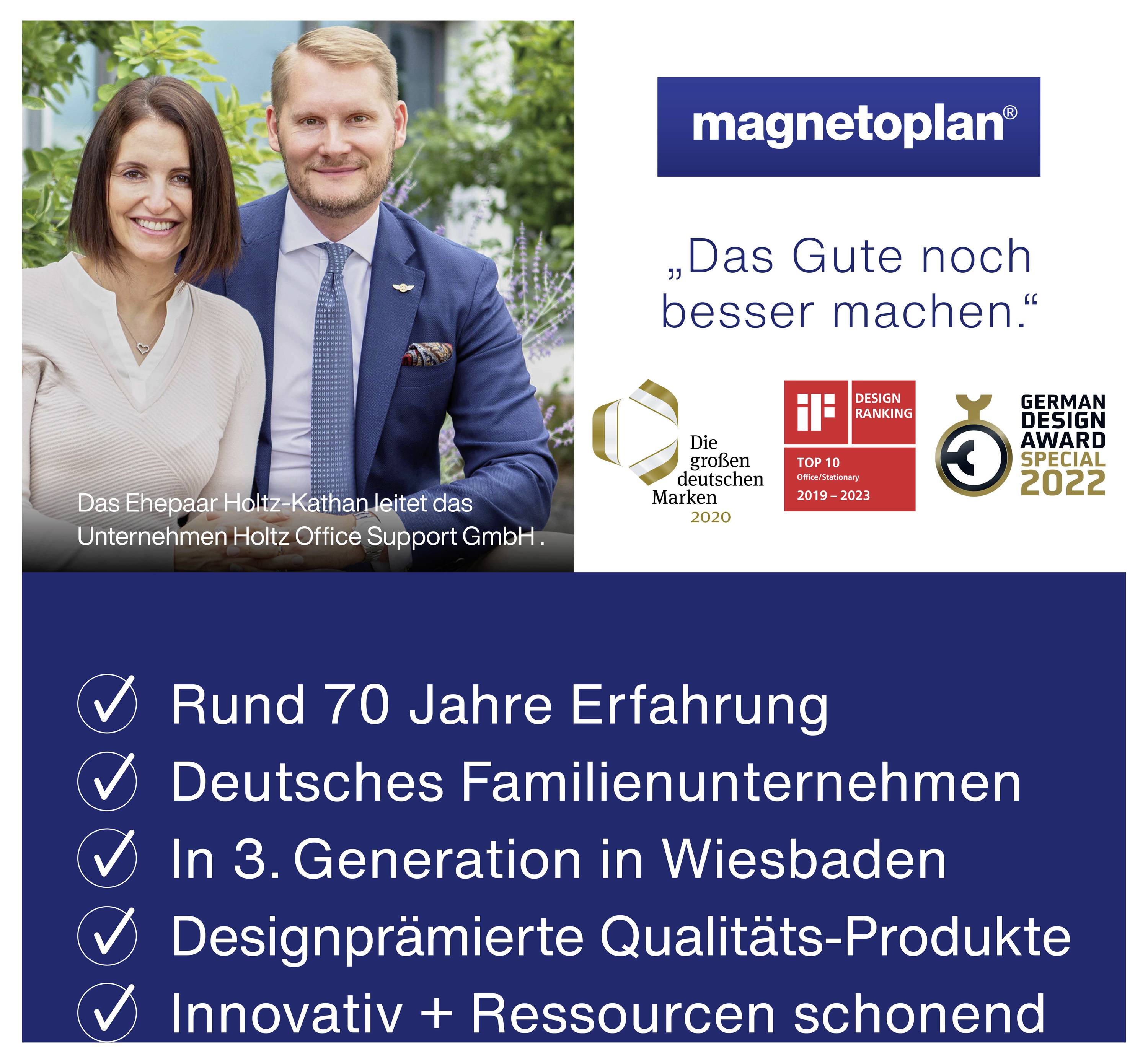 Das Bild zeigt das Ehepaar Holz-Kathan, Leiter von Holtz Office Support GmbH, mit Text über 70 Jahre Erfahrung und nachhaltige Produkte.