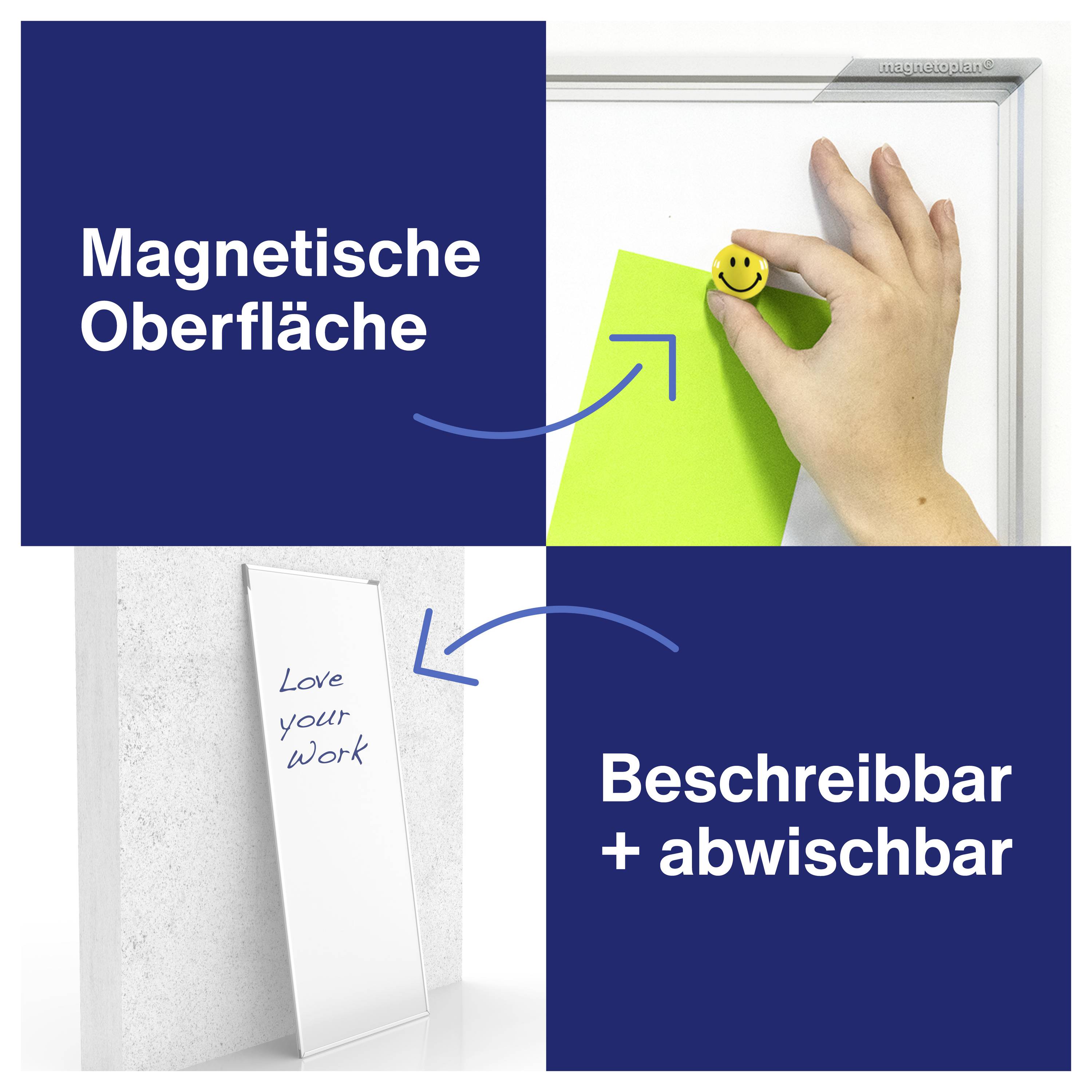 'Magnetische Oberfläche', eine Hand pinnt Papier. 'Beschreibbar + abwischbar', ein Whiteboard mit 'Love your Work'-Text.