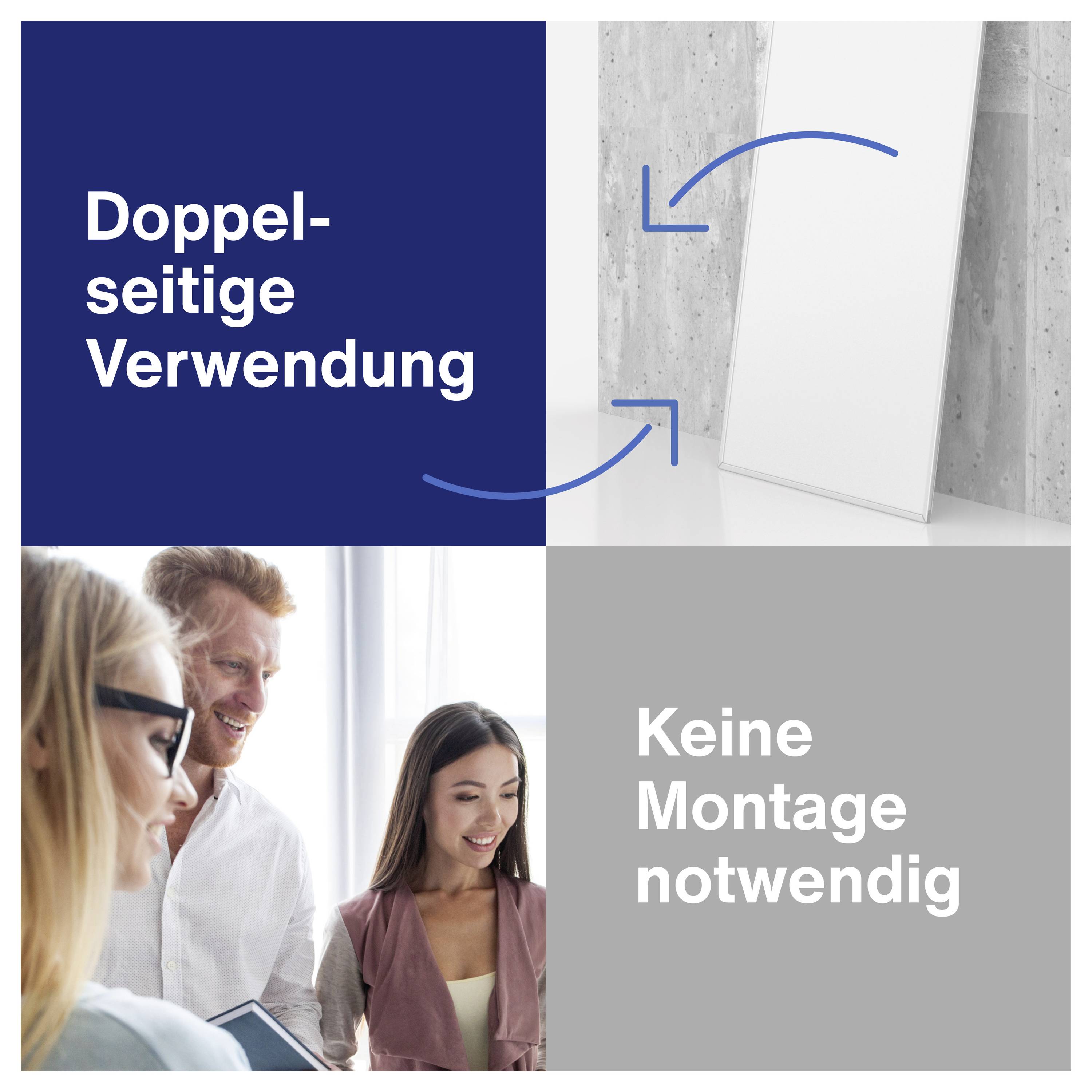 Bild einer Gruppe von Personen, die ein Produkt ohne Montage präsentieren. Doppel-seitige Verwendung.