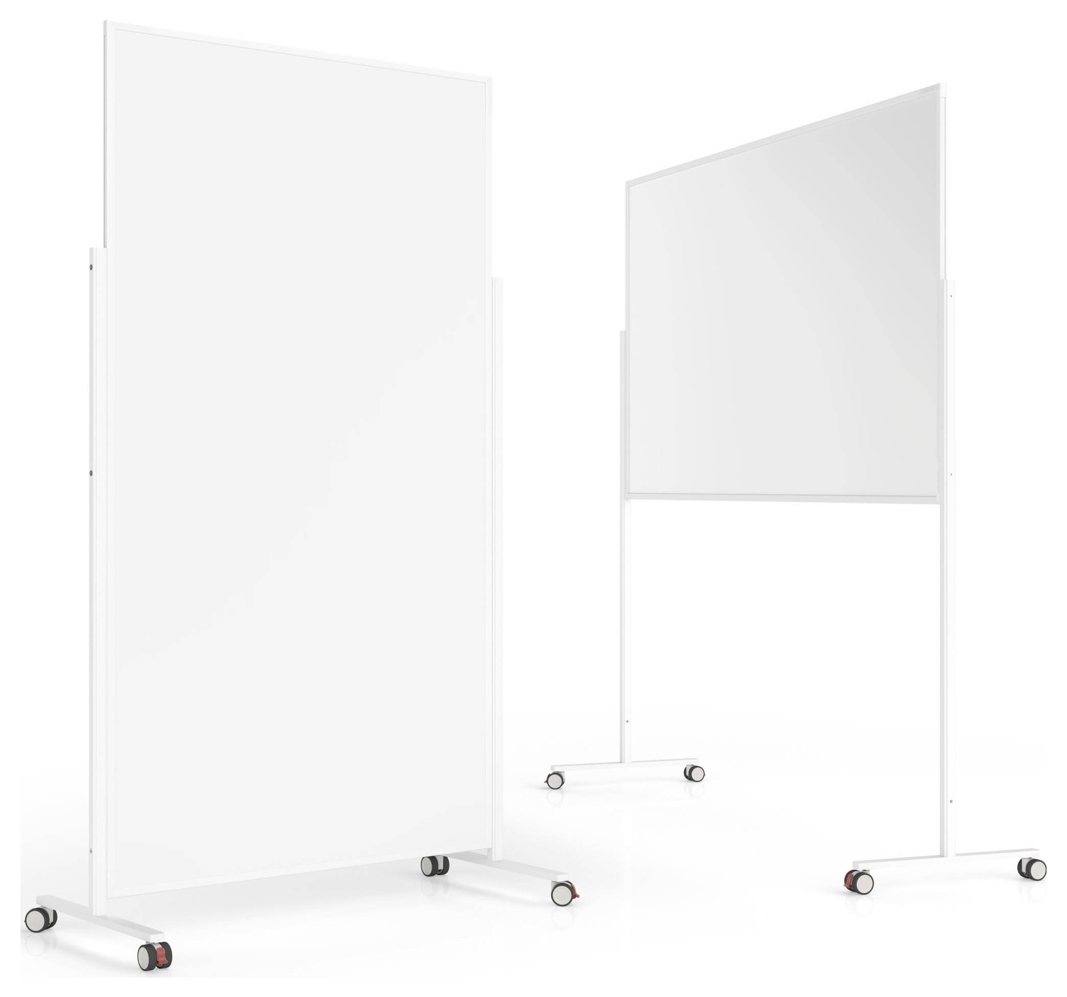 Zwei mobile Whiteboards auf Rädern, aufrecht stehend, eines im Vordergrund und das andere im Hintergrund, beide mit sauberen Oberflächen.