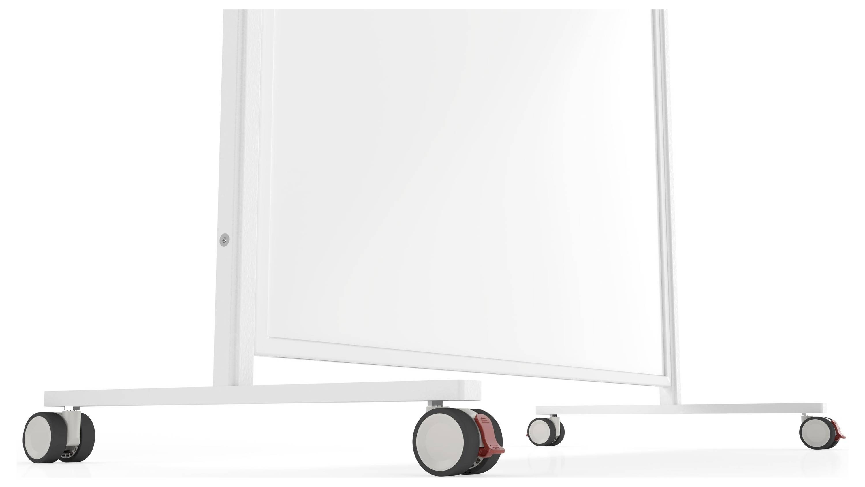 Das Bild zeigt den unteren Teil eines weißen mobilen Whitboards auf Rollen mit zwei sichtbaren roten und weißen Laufrollen.