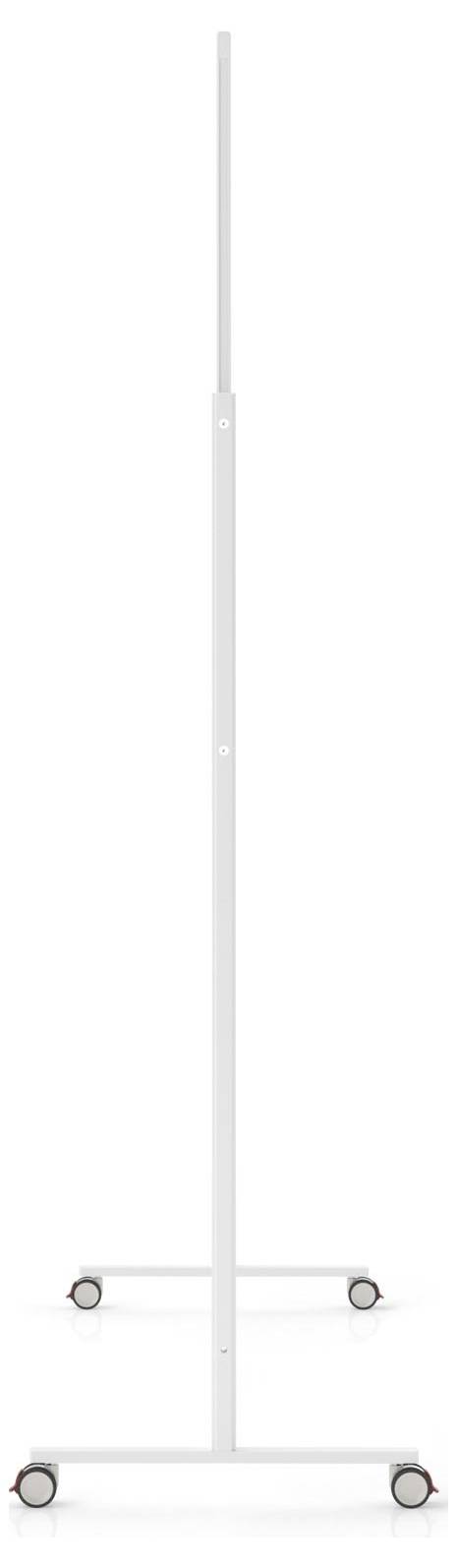 Ein weißer, minimalistischer Bodenständer mit Metallrahmen und vier kleinen Rädern.