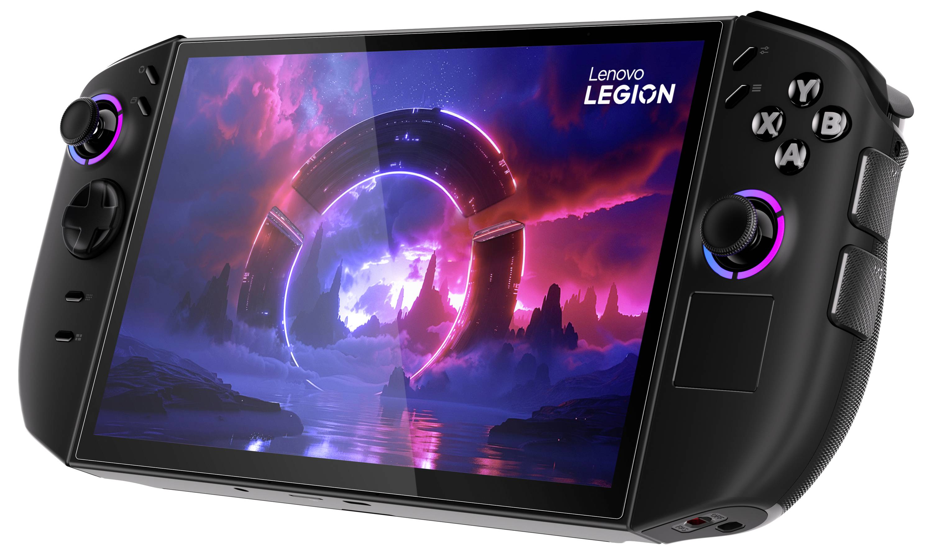 Tragbares Spielgerät mit einem farbenfrohen Weltraum-Thema-Spiel auf dem Bildschirm, das Tasten und Joysticks auf beiden Seiten aufweist.