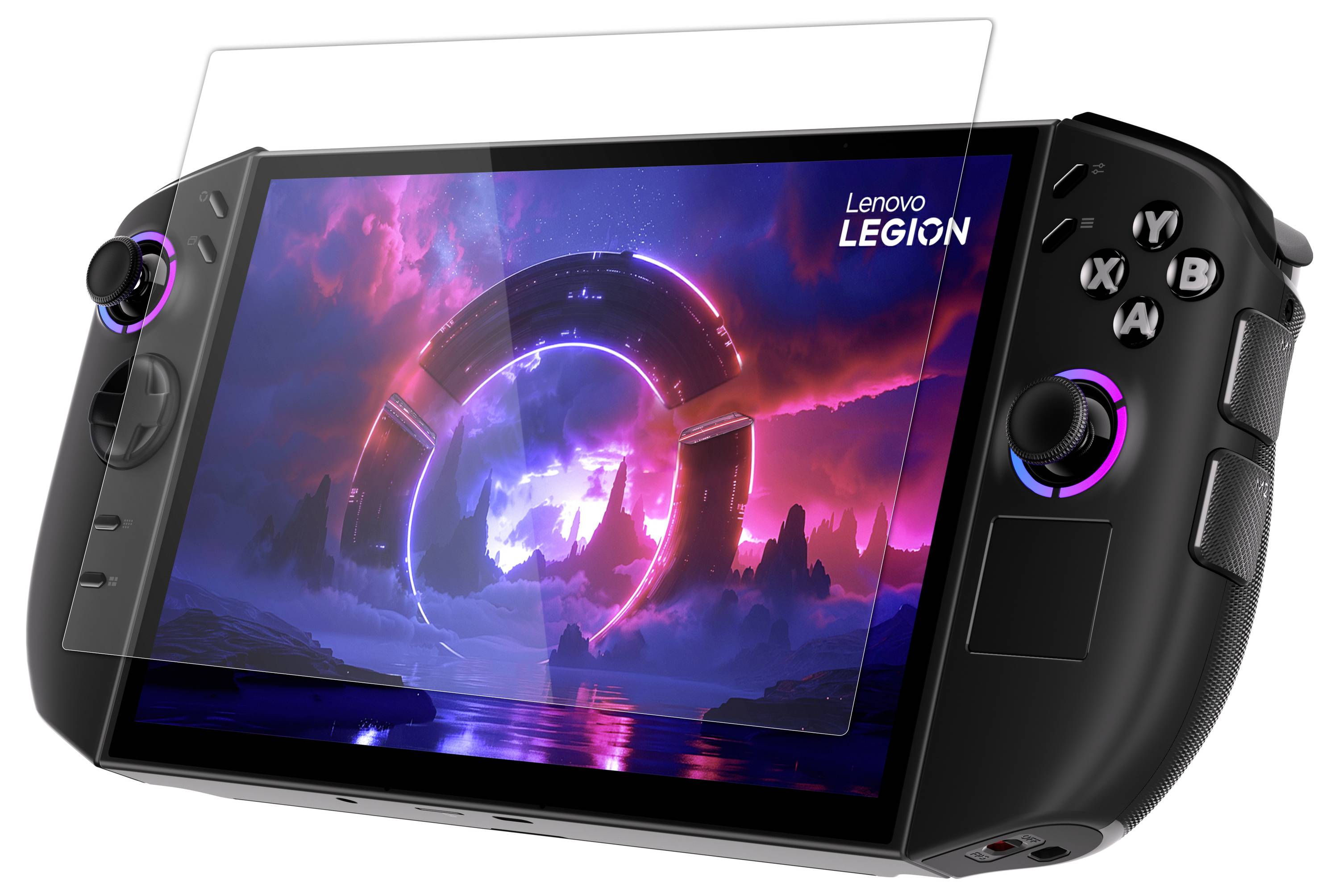 Ein tragbares Spielgerät mit einem Bildschirm, auf dem eine farbenfrohe Science-Fiction-Szene angezeigt wird. Das Gerät hat Tasten und Joysticks auf beiden Seiten.